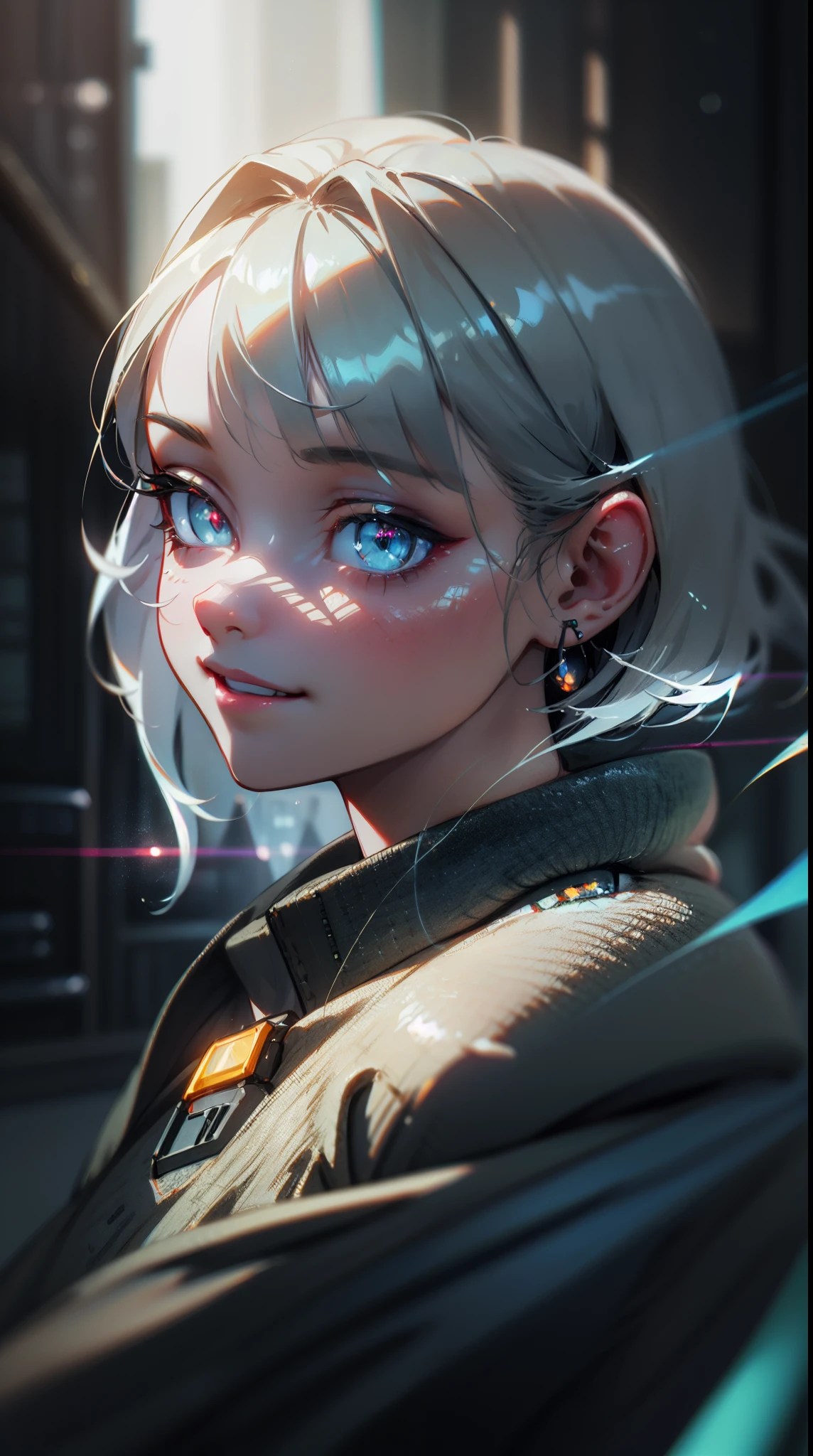 ((masterpiece)), best quality, 8k, high quality, high resolution, super detailed, ultra detailed, photorealistic, futuristic and finely detailed face and eyes, ultra detailed and detailed skin texture, cybernetic eyes, perfect face, 1 girl, sleek silver hair, (high-tech suit), augmented reality visor, (advanced enhancements), holding a holographic interface, standing in a bustling futuristic city, determined expression, ((techno smile)), day, technologically advanced metropolis, hovering vehicles, high-tech ambiance, (glowing holograms), (futuristic soundscape), since future dawned, Nova, cybernetic eyes, "The Matrix" inspired background.