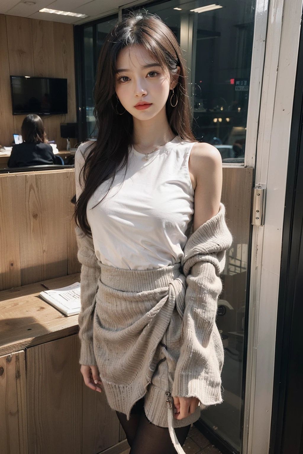 best qualtiy, 超高分辨率, (realisticlying:1.4),cute hairpin,Baoyu Girl,1girll, Beautiful woman with a slim figure:1.4, Abs:1.1, (A brown-haired, mideum breasts:1.3), Long pink sweater:1.1, 浴室,Ultra-fine face,Elaborate Eyes,二重まぶた,ssmile,choker necklace