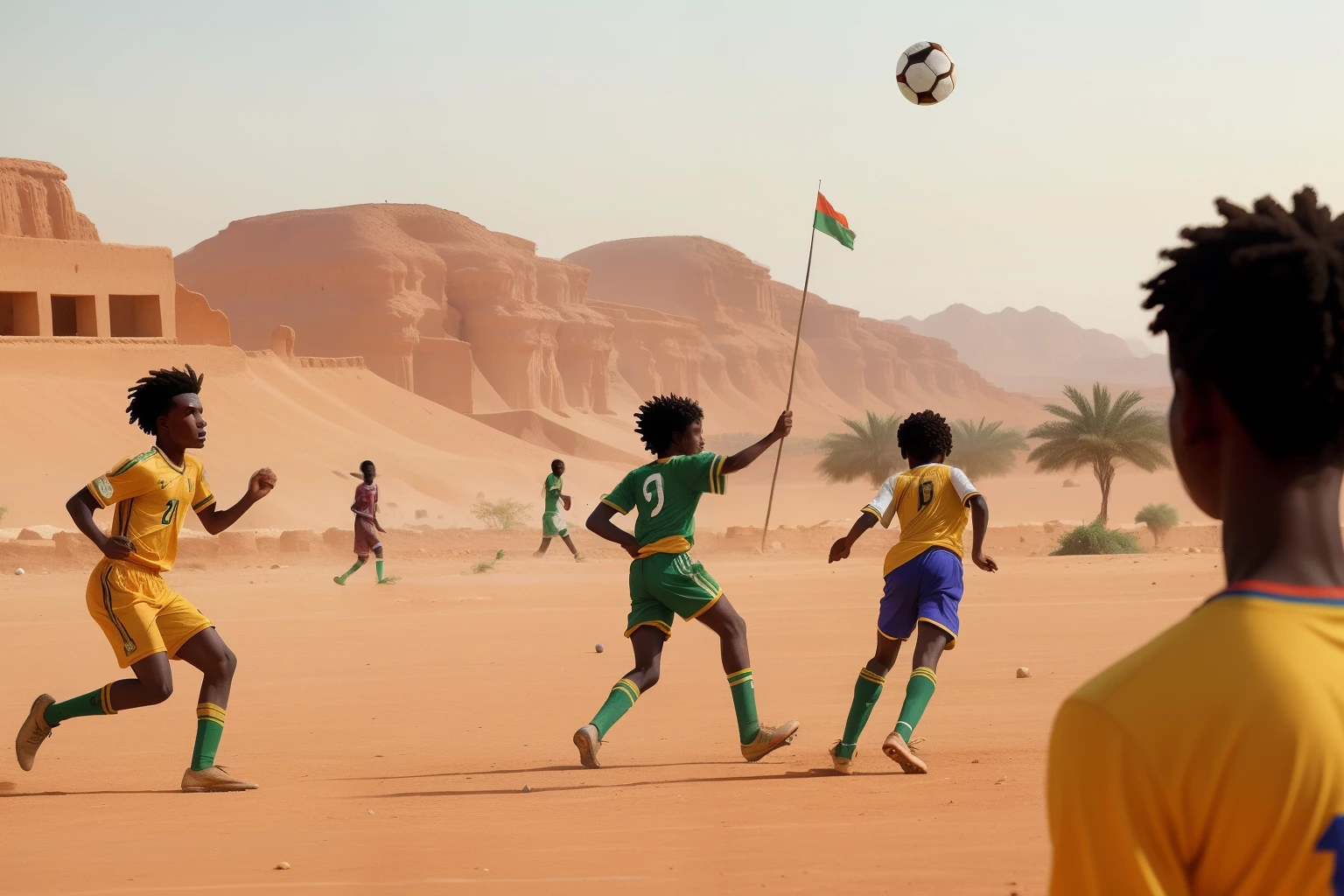 Year: 2022
Country: Mali
Description: Against the backdrop of the Sahelian landscape, a group of teenagers from a well-to-do village partake in a lively soccer match. The players wear vintage-inspired sports attire, and the field is bordered by vibrant pastel flags.