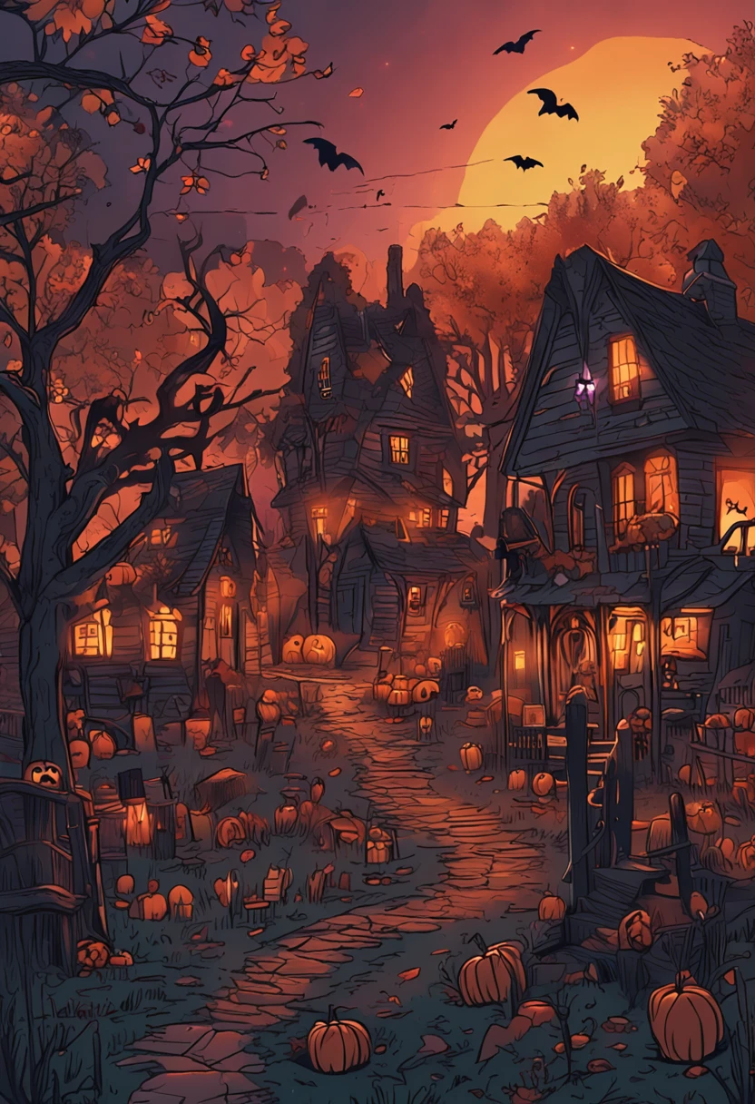 Spooky village at night，bit girl