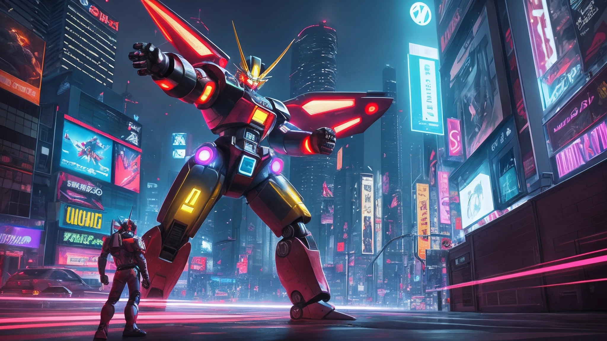 a futuristic A mesmerizing 8K digital artwork featuring Mazinger Z, the iconic mecha robot, amidst a futuristic neon-lit cityscape captured through breathtaking drone photography. The image showcases the intricate details of Mazinger Z's design, highlighting its powerful and dynamic presence. The use of an 85mm lens creates a captivating depth of field, emphasizing the fusion of new realism and fantastic realism. The cityscape is adorned with vibrant neon lights, casting a mesmerizing glow and creating a futuristic ambiance. The integration of unreal engine technology adds a touch of cinematic quality to the image, enhancing the overall visual experience. The scene is further enhanced with bokeh effects, accentuating the dazzling neon lights and creating a sense of depth and movement. The artwork pays homage to the manga and mecha genre, blending elements of futurism and nostalgia into a captivating and visually stunning composition. , combat pose, ultrawide shot, cinematic lighting, unreal engine --auto --s2