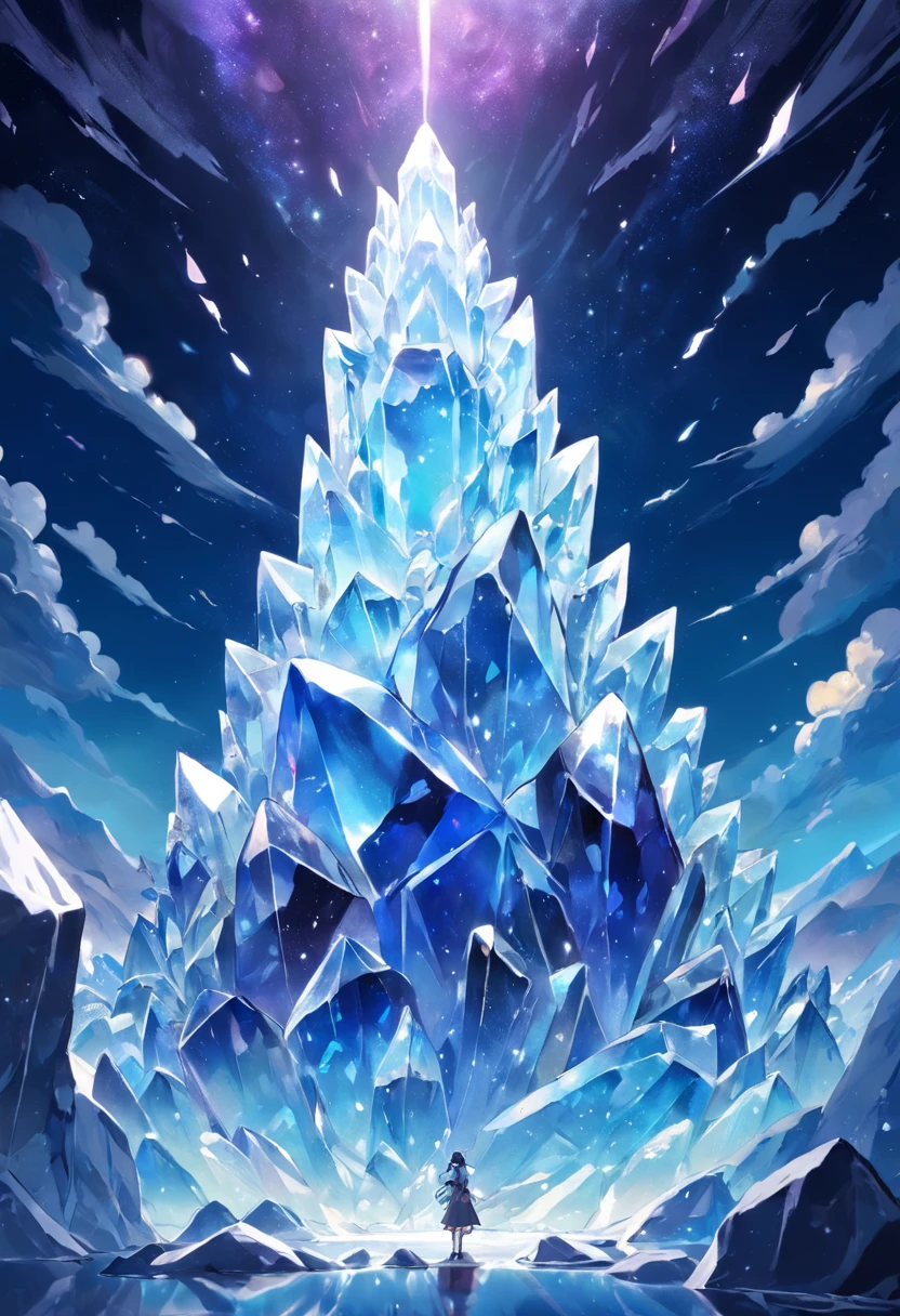 9(masterpiece,bestquality),Land of Crystals,ice field,bright,Shimmering like a diamond, it shines like a crystal,Bright and vivid colors,(depth of fields:1.2),the night,Holy,Light-sensitive,crystal