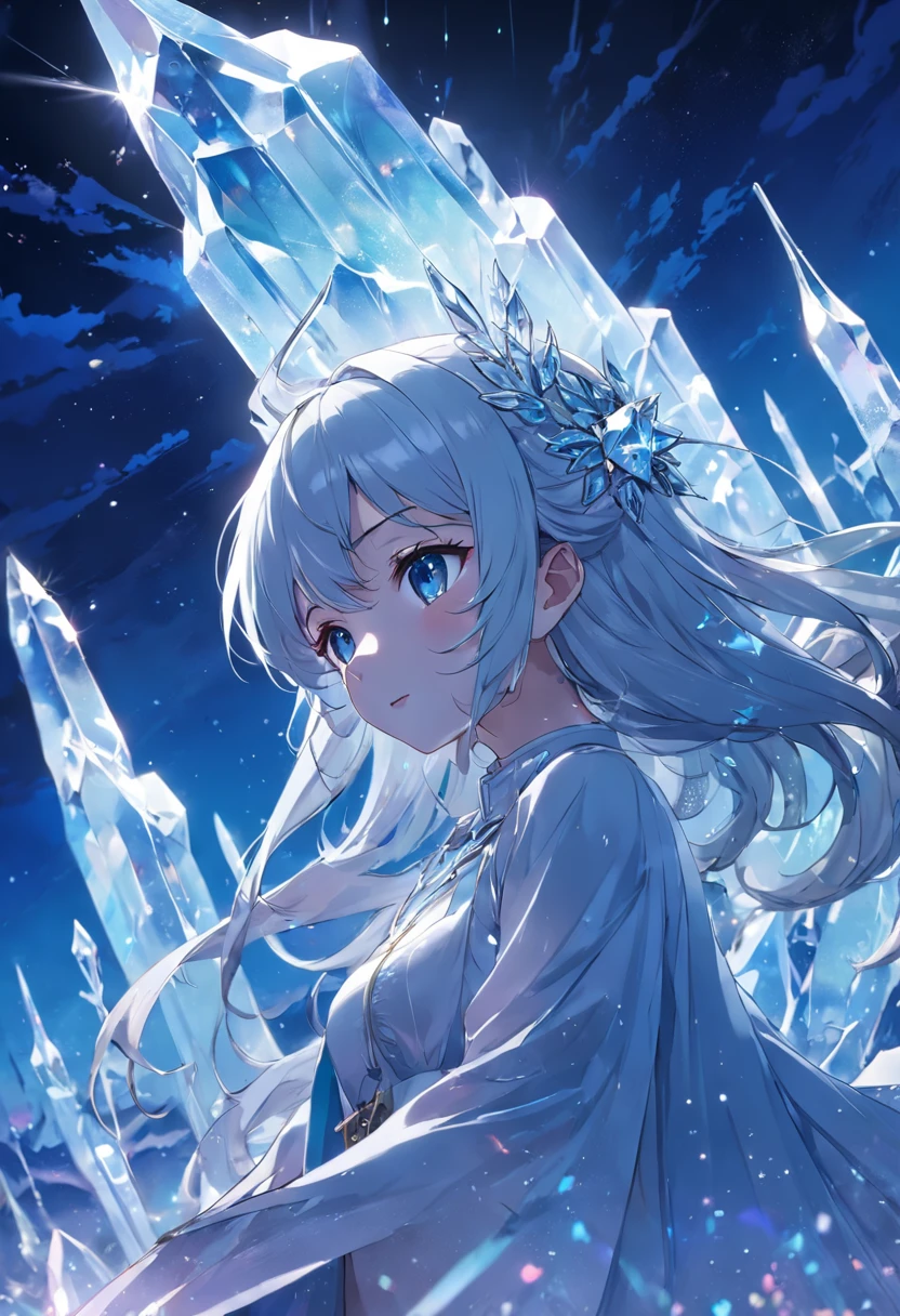 9(masterpiece,bestquality),Land of Crystals,ice field,bright,Shimmering like a diamond, it shines like a crystal,Bright and vivid colors,(depth of fields:1.2),the night,Holy,Light-sensitive,crystal