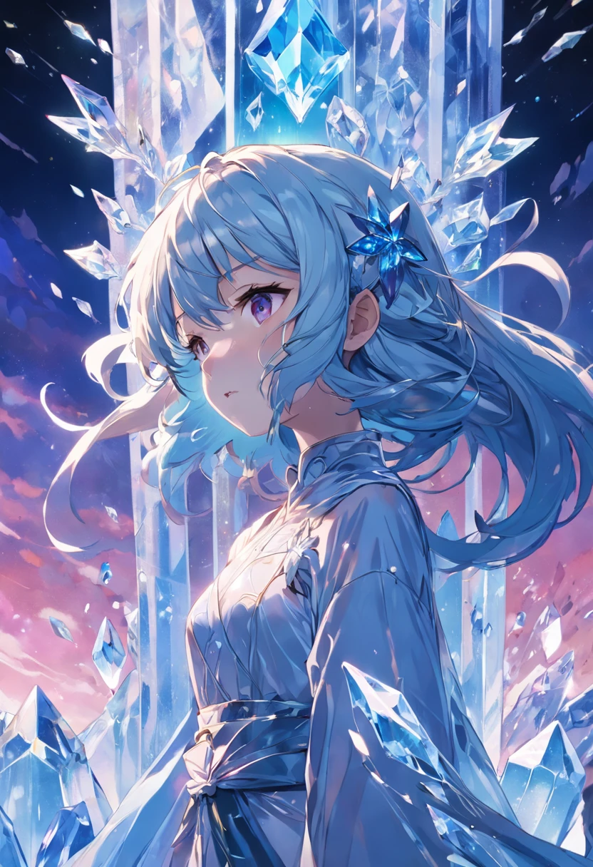 9(masterpiece,bestquality),Land of Crystals,ice field,bright,Shimmering like a diamond, it shines like a crystal,Bright and vivid colors,(depth of fields:1.2),the night,Holy,Light-sensitive,crystal