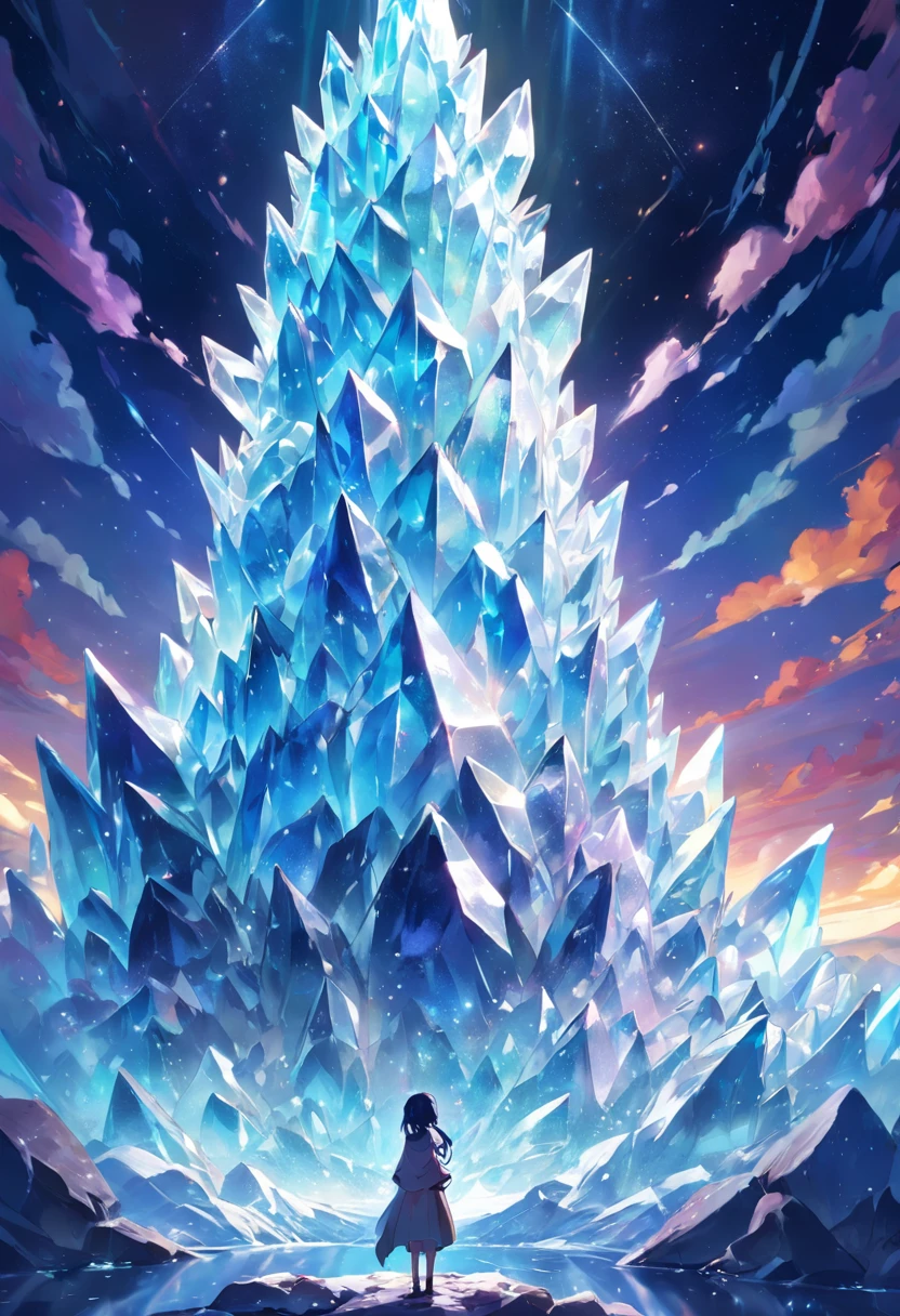 9(masterpiece,bestquality),Land of Crystals,ice field,bright,Shimmering like a diamond, it shines like a crystal,Bright and vivid colors,(depth of fields:1.2),the night,Holy,Light-sensitive,crystal