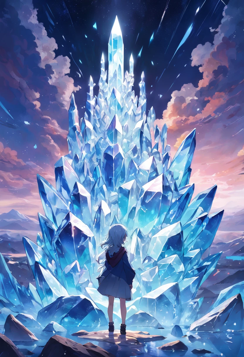 9(masterpiece,bestquality),Land of Crystals,ice field,bright,Shimmering like a diamond, it shines like a crystal,Bright and vivid colors,(depth of fields:1.2),the night,Holy,Light-sensitive,crystal