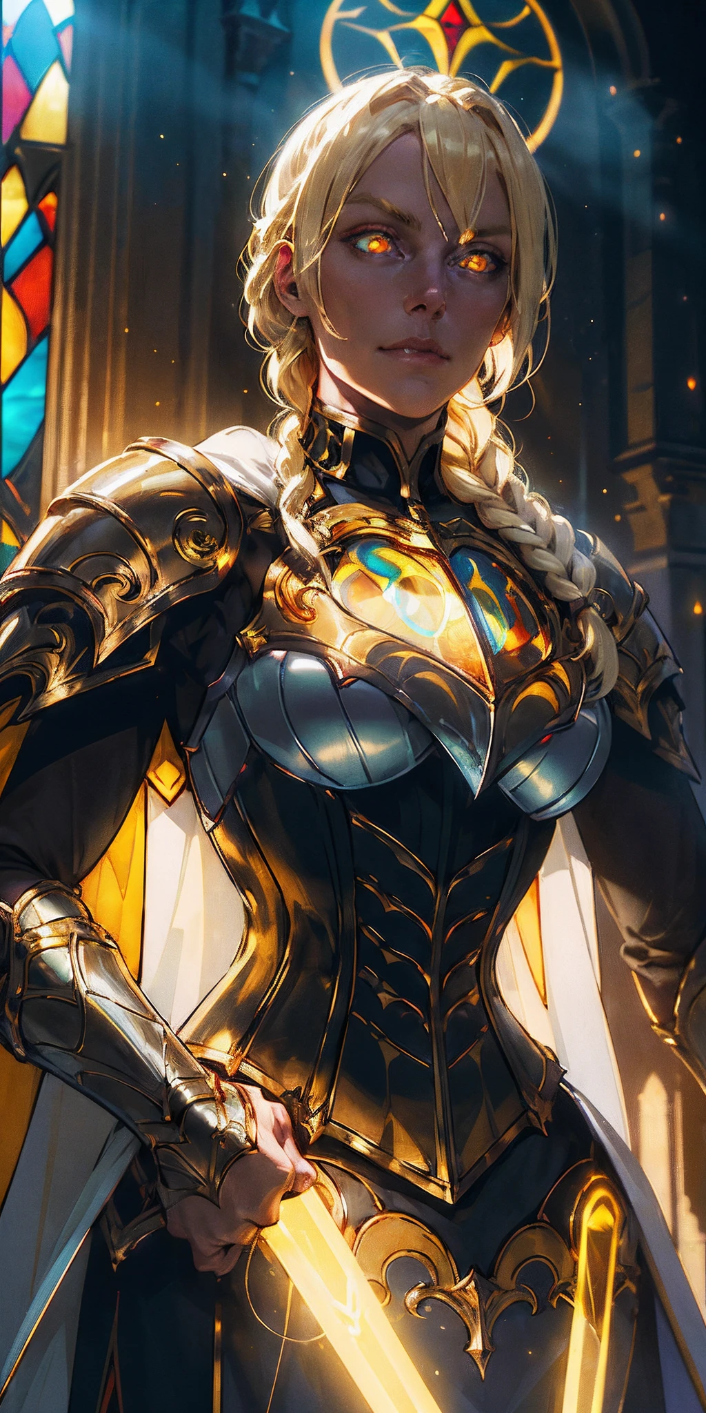 upper body of paladin lady in ornate golden armor, black collar, pauldrons, breastplate, corset, glowing halo, single braid, blonde, yellow glowing eyes, bright pupils, eye focus, red cape, temple indoors, stained glass windows, night, moonlight, particles, light beam, chromatic aberration