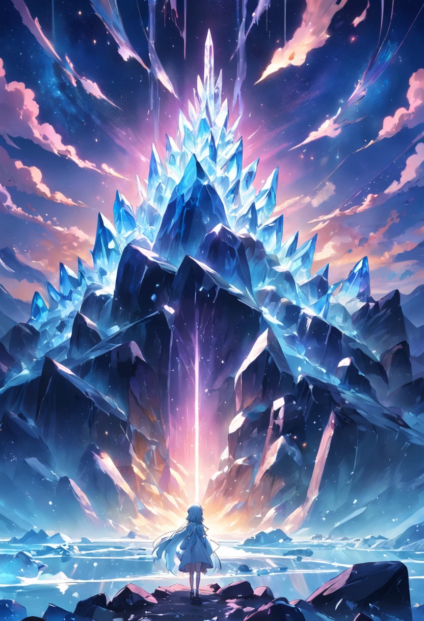 9(masterpiece,bestquality),Land of Crystals,ice field,bright,Shimmering like a diamond, it shines like a crystal,Bright and vivid colors,(depth of fields:1.2),the night,Holy,Light-sensitive,crystal
