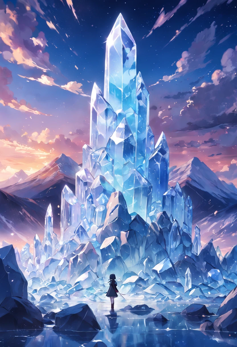 9(masterpiece,bestquality),Land of Crystals,ice field,bright,Shimmering like a diamond, it shines like a crystal,Bright and vivid colors,(depth of fields:1.2),the night,Holy,Light-sensitive,crystal