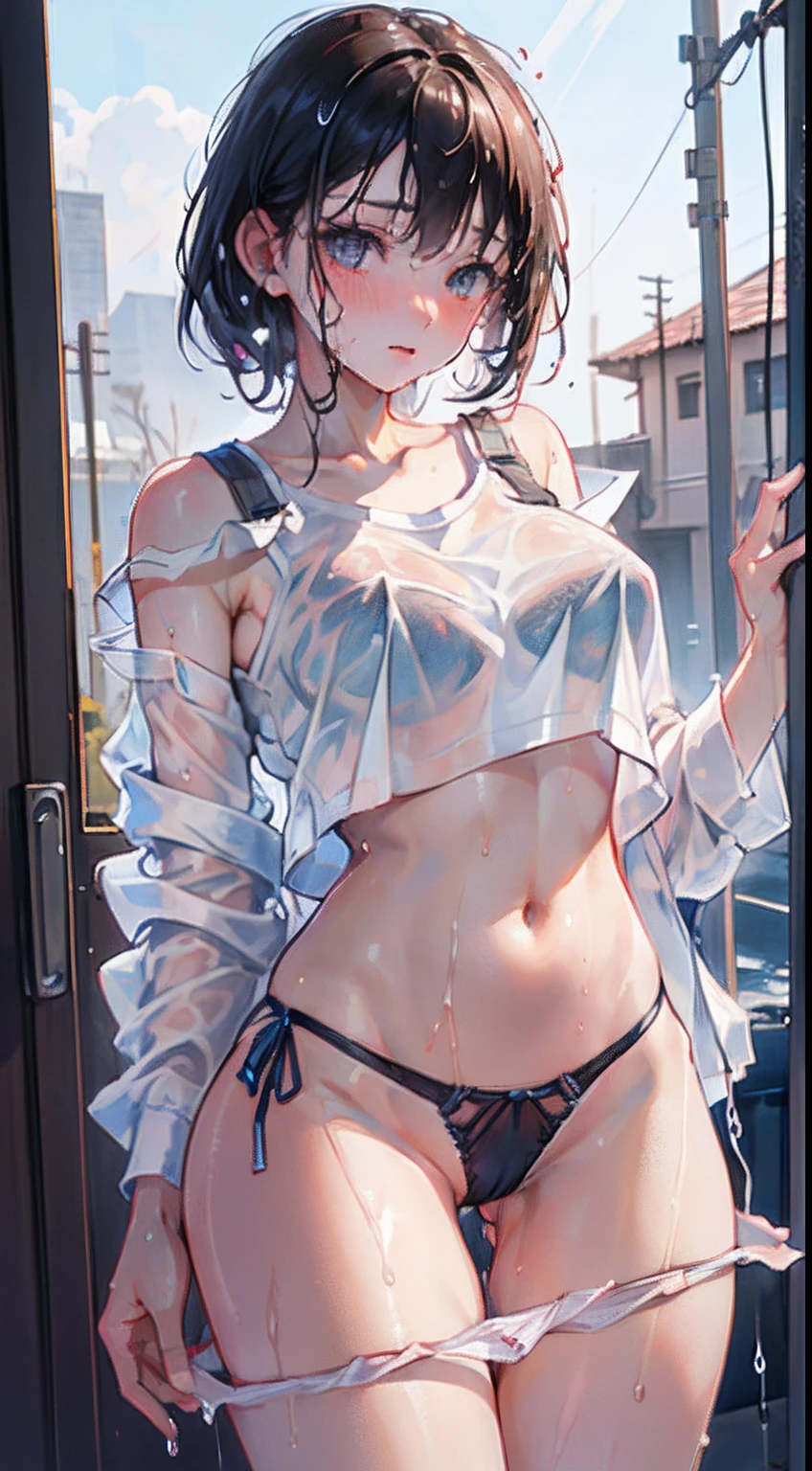 1 girl, single, blue sky, (((wet white shirt)))), ((no bra))))), exposed shoulders and entire navel, no pants, ((((wet thin line thong panties)))), almost completely naked, nsfw, panties almost transparent, (((delicate private details)), (((thin line thong panties))))