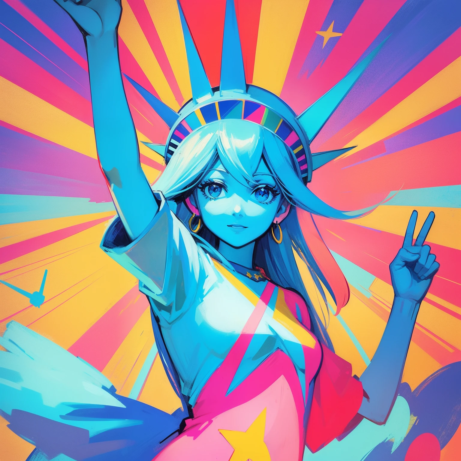 Peace sign in the sky with diamonds, Statue of Liberty in the style of peter max