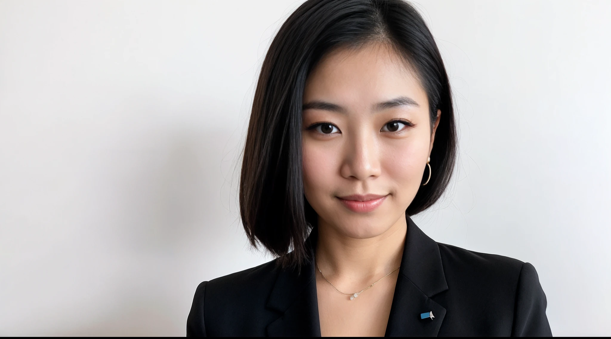 instagram photo, closeup face photo a japanese woman in a black suit, black shirt and black pants posing suit for a picture on the white background