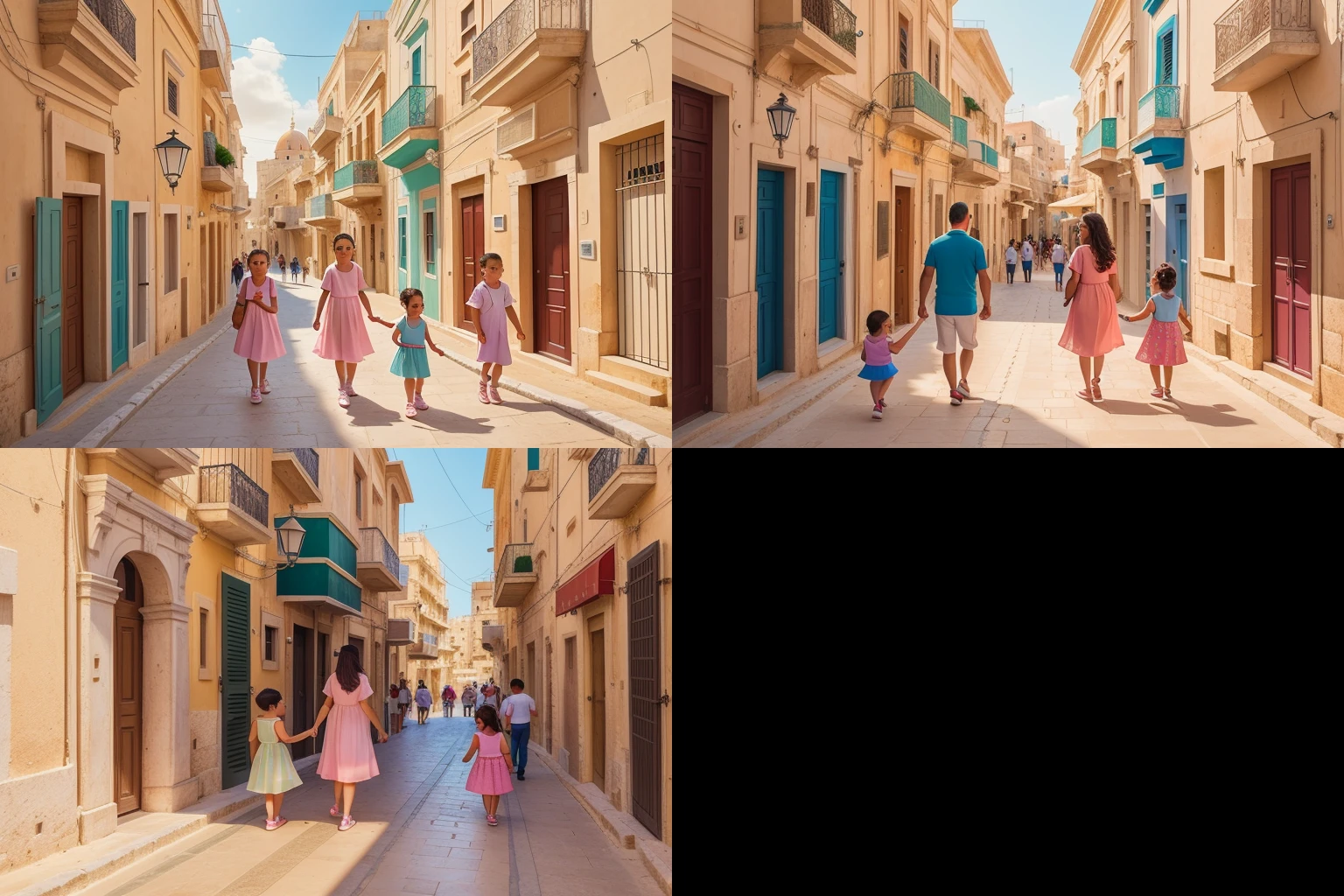 Year: 2021
Country: Malta
Description: In the charming streets of Valletta, an upper-middle-class family enjoys a leisurely stroll. The tween daughter wears a pastel dress that matches the colorful facades of the buildings. They pause to admire the iconic Grandmaster's Palace.