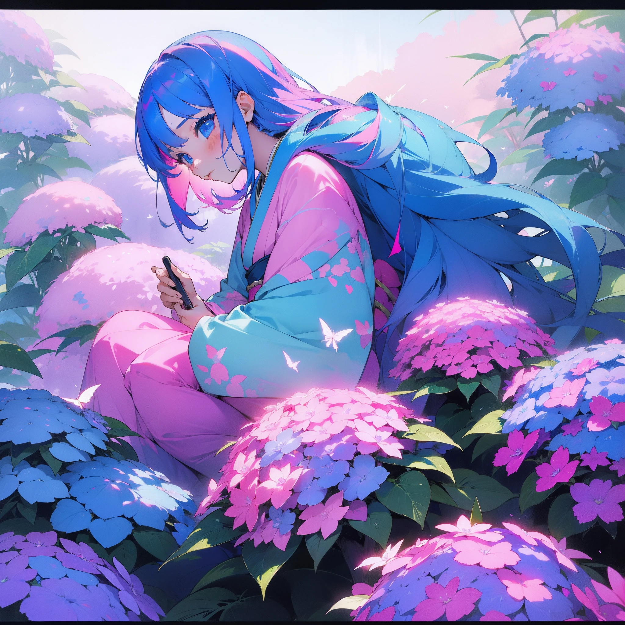 (Beautifully Aesthetic:1.2)、(1girl in:1.3)、(Blue and pink colorful hair:1.2)、Wearing a colorful kimono in blue and pink、hortensia、Hydrangea flowers、colourfull、Sateen、rainbows、Mystical、Beautiful Landscapes、Top image quality、