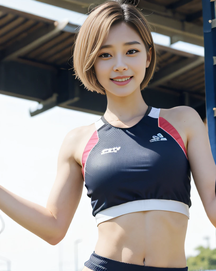 zydG, ((cowboy shot)),((from below)), 1girls, Front view, stand, looking the viewer, exposed skin, (from below),brown-eyed, (blonde very short hair:1.2), (light hair), (medium breasts:1.4), smile with white teeth, (photorealestic:1.4), (Top image quality:1.0), (UltraHighResolution:1.0), 8K, Raw photography, (A masterpice:0.2), track and field uniforms, show abs, (sweat, wetty:1.1), portlate, pubic bone focus, ful body,(pureerosface_v1:0.5), outdoor, track and field,