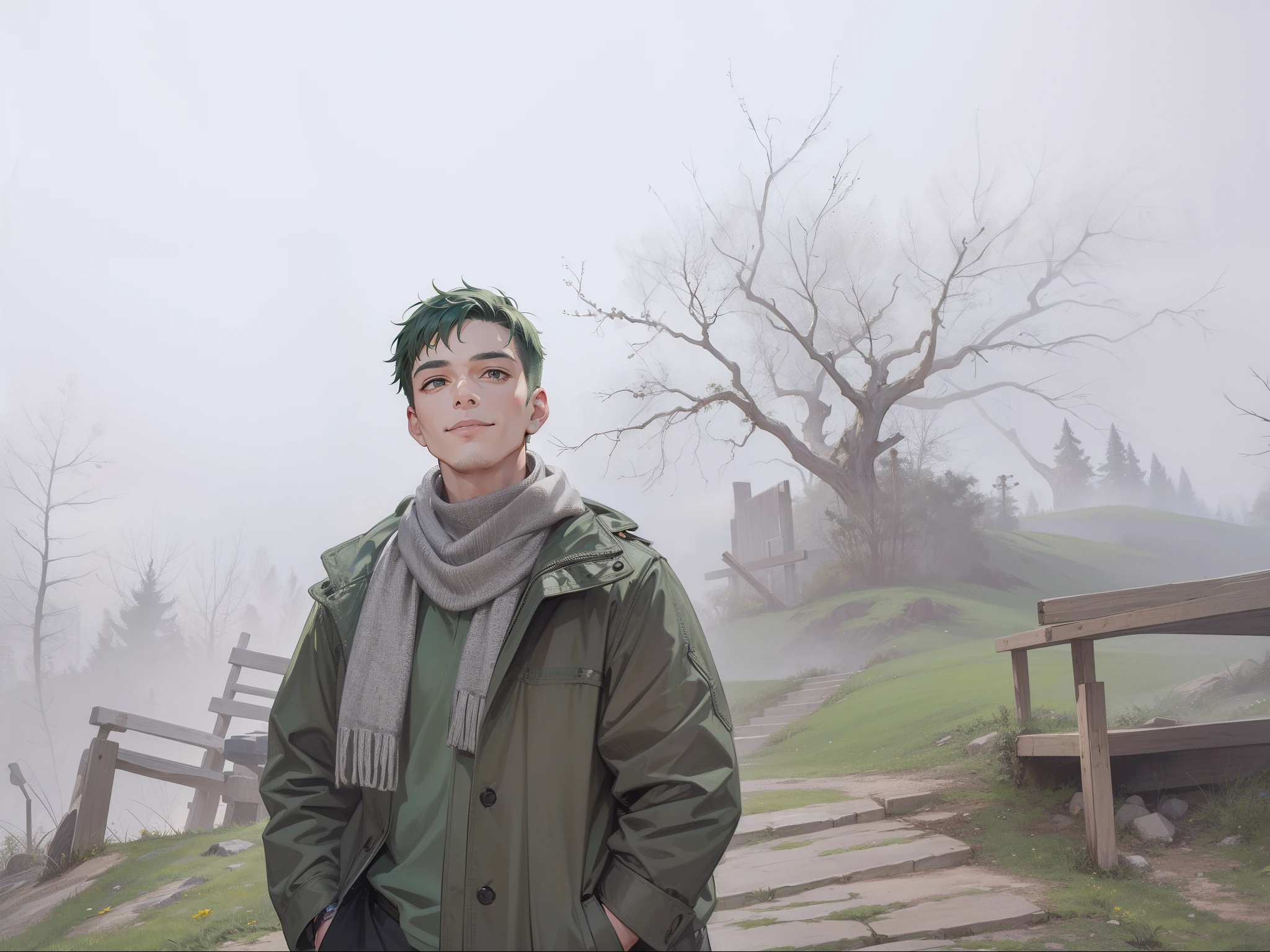 Adult men, short green hair, smile, masterpiece, high quality