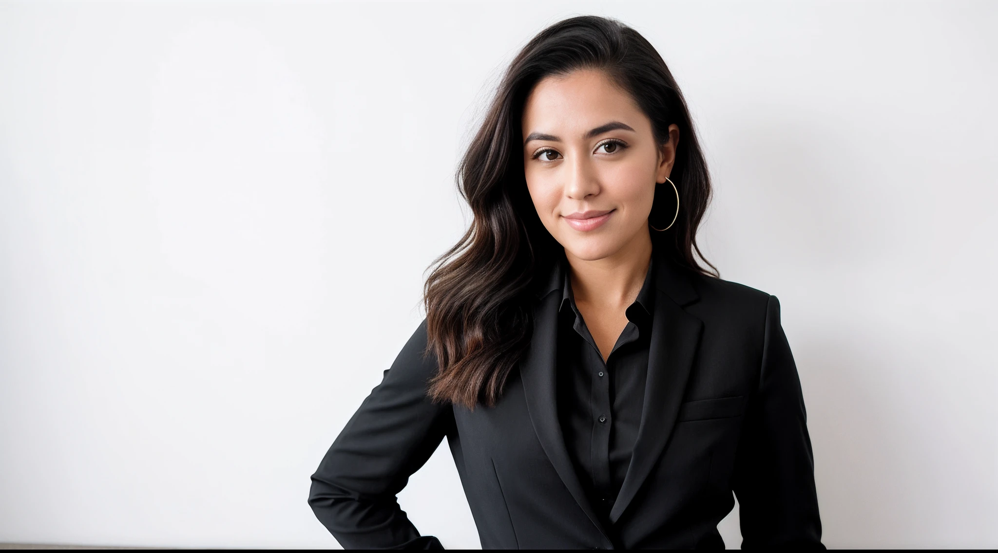 instagram photo, closeup face photo an American woman in a black suit, black shirt and black pants posing suit for a picture on the white background