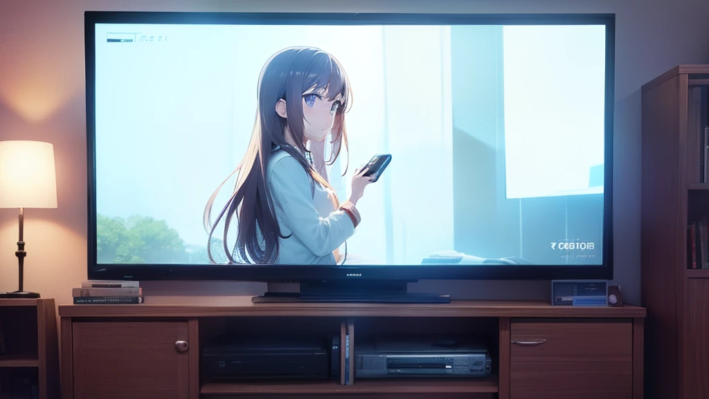 watching tv in the living room, beautiful living room, anime on tv, focus on tv, anime playing on the tv, soft lighting,