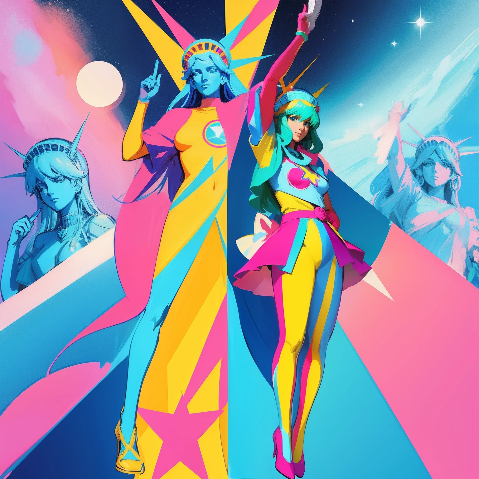 Peace sign in the sky with diamonds, Statue of Liberty in the style of peter max