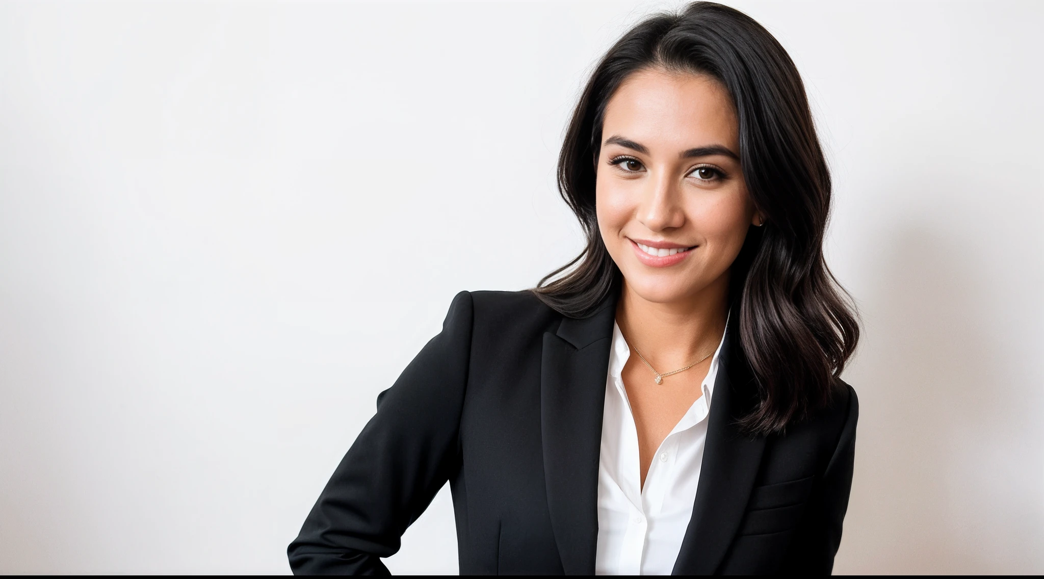 instagram photo, closeup face photo an American woman in a black suit, black shirt and black pants posing suit for a picture on the white background