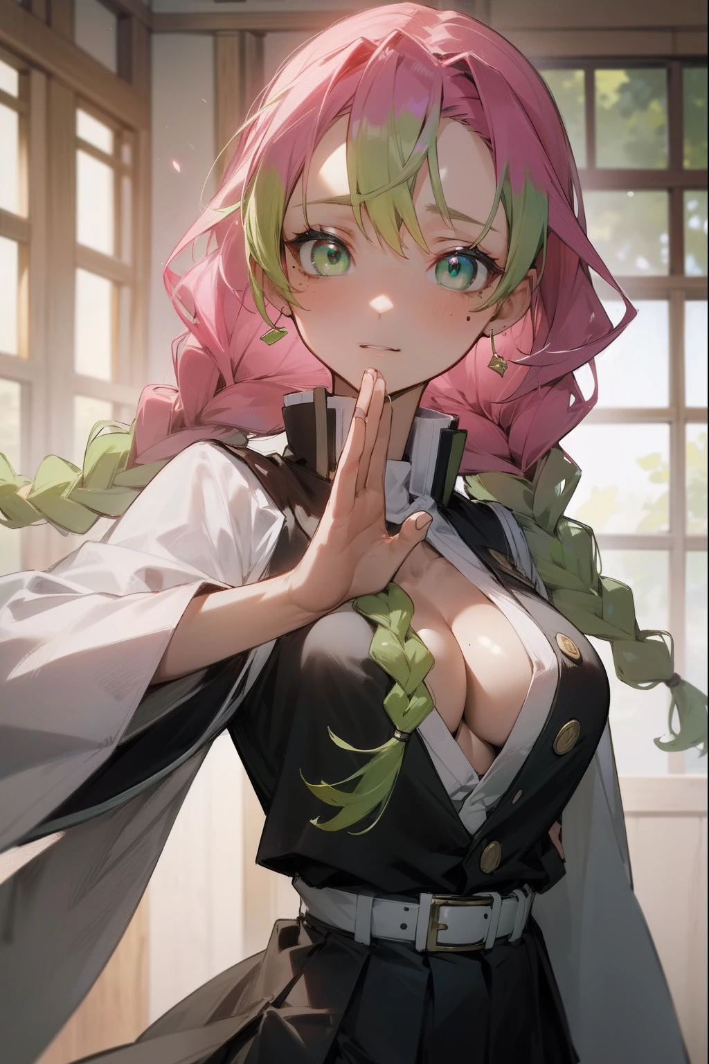 mitsurikanroji, mitsuri kanroji, braid, gradient hair, (green eyes:1.5), green hair, long hair, mole, mole under eye, multicolored hair, pink hair, twin braids, two-tone hair,
BREAK belt, black skirt, cleavage, coat, demon slayer uniform, haori, japanese clothes, long sleeves, miniskirt, partially unbuttoned, pleated skirt, skirt, uniform,
BREAK looking at viewer,
BREAK indoors,
BREAK (masterpiece:1.2), best quality, high resolution, unity 8k wallpaper, (illustration:0.8), (beautiful detailed eyes:1.6), extremely detailed face, perfect lighting, extremely detailed CG, (perfect hands, perfect anatomy),