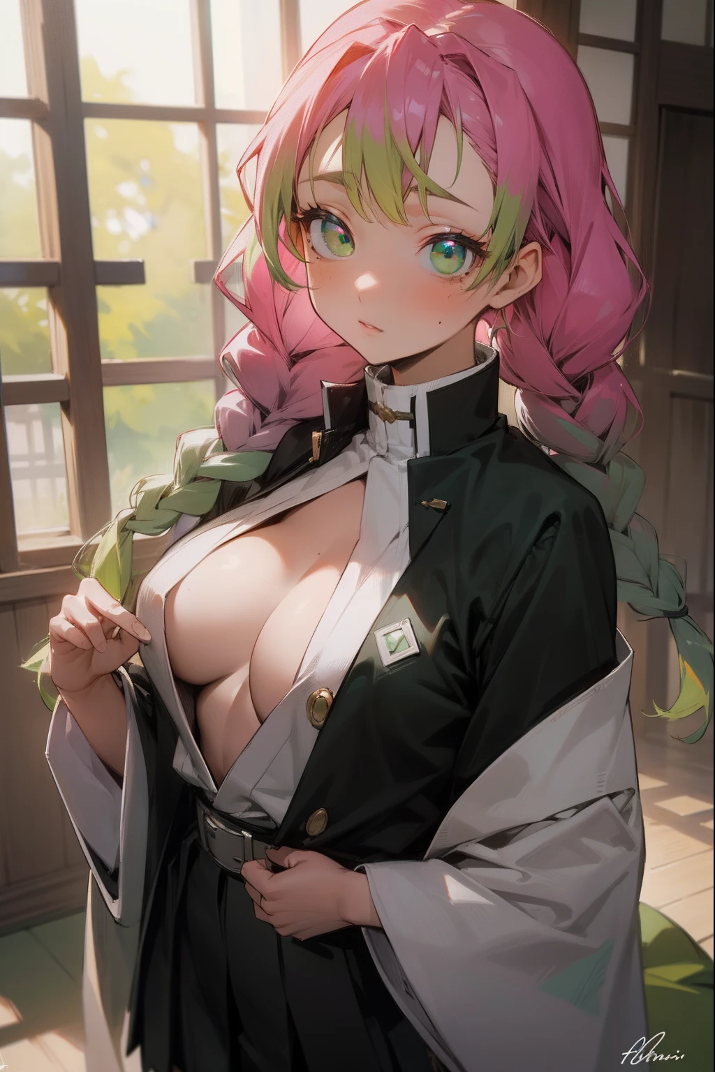 mitsurikanroji, mitsuri kanroji, braid, gradient hair, (green eyes:1.5), green hair, long hair, mole,  mole under eye, multicolored hair, pink hair, twin braids, two-tone hair,
BREAK belt, black skirt, cleavage, coat, demon slayer uniform, haori, japanese clothes, long sleeves, miniskirt,  partially unbuttoned, pleated skirt, skirt, uniform,
BREAK looking at viewer,
BREAK indoors,
BREAK (masterpiece:1.2), best quality, high resolution, unity 8k wallpaper, (illustration:0.8), (beautiful detailed eyes:1.6), extremely detailed face, perfect lighting, extremely detailed CG, (perfect hands, perfect anatomy),