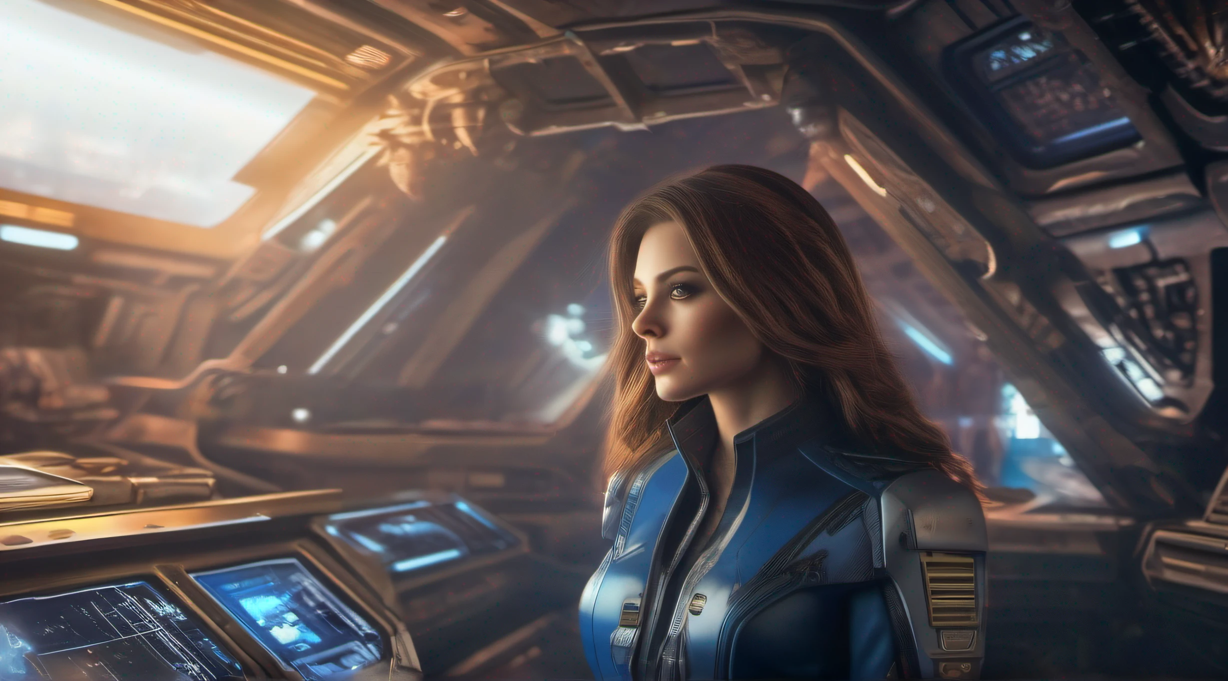 a beautiful female warrior from the future, blue eyes, big breasts, delicate face, perfect body, tight-fitting suit, piloting the Nostromo