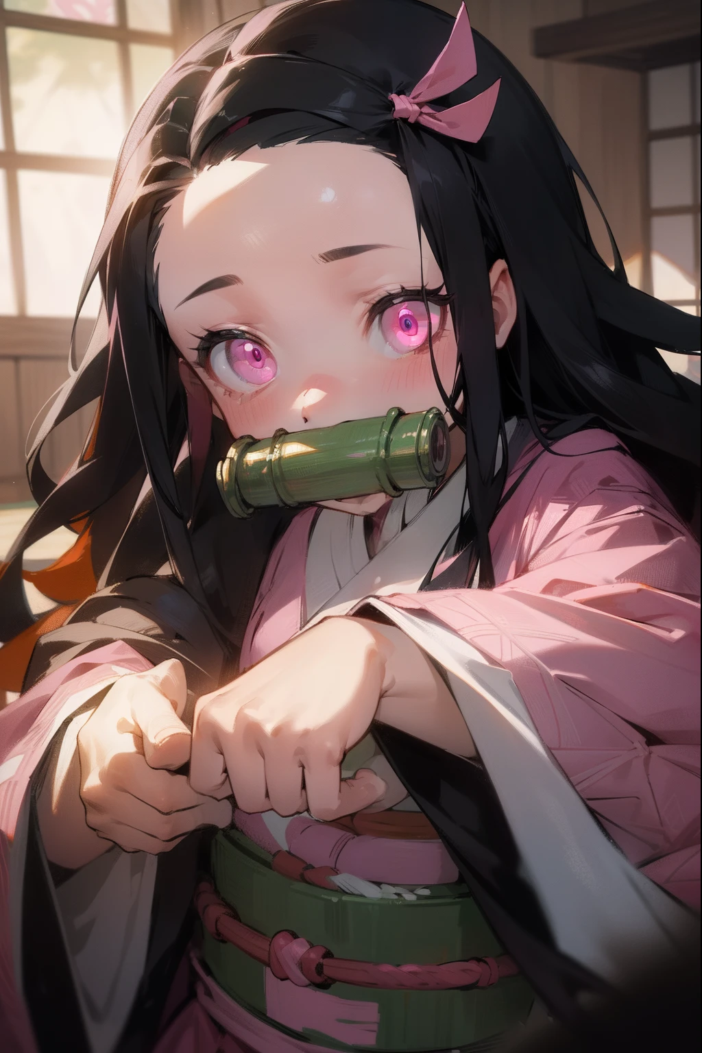 nezukokamado, nezuko kamado, bamboo, (bit gag:1.5), black hair, (forehead:1.5), gag, gagged, hair ribbon, long hair, multicolored hair, (pink eyes:1.5), orange hair, slit pupils, wavy hair, two-tone hair,
BREAK asa no ha (pattern), checkered sash, haori, japanese clothes, kimono, long sleeves, obi, pink kimono, sash, wariza,  wide sleeves,
BREAK looking at viewer,
BREAK indoors,
BREAK (masterpiece:1.2), best quality, high resolution, unity 8k wallpaper, (illustration:0.8), (beautiful detailed eyes:1.6), extremely detailed face, perfect lighting, extremely detailed CG, (perfect hands, perfect anatomy),