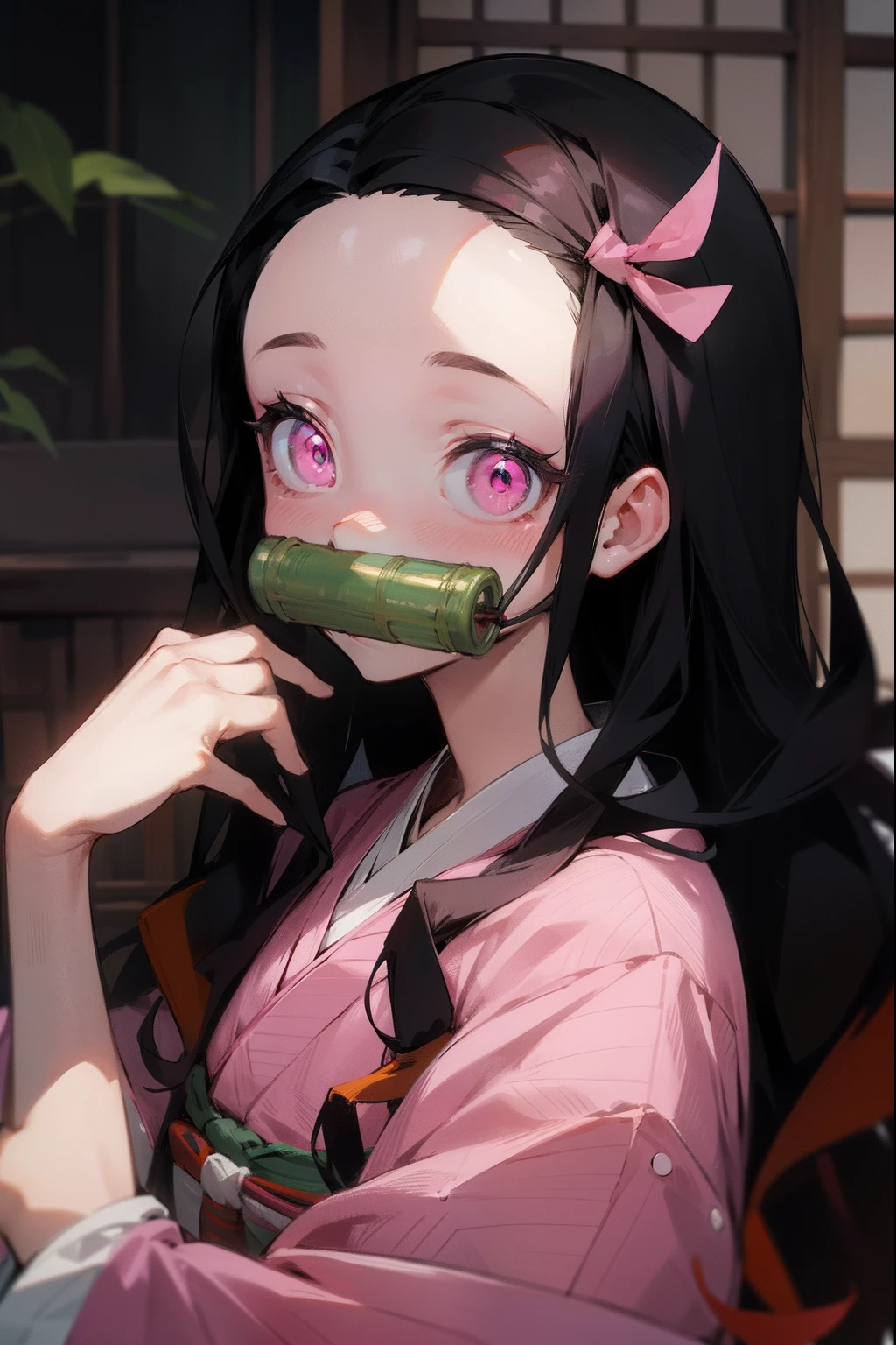 One girl, bamboo, bit gag, Black Hair, Checkerboard, Checkerboard heart, clavicle, amount, gag, gagged, Gradient Hair, hair ribbon, Haori, kimono, Kamado Nezuko, kimono, Long Hair, View your viewers, Hold your mouth, multicoloRedhead, heart, Open clothes, Pink Eyes, pink kimono, pink ribbon, Redhead, ribbon, sash, alone, very Long Hair