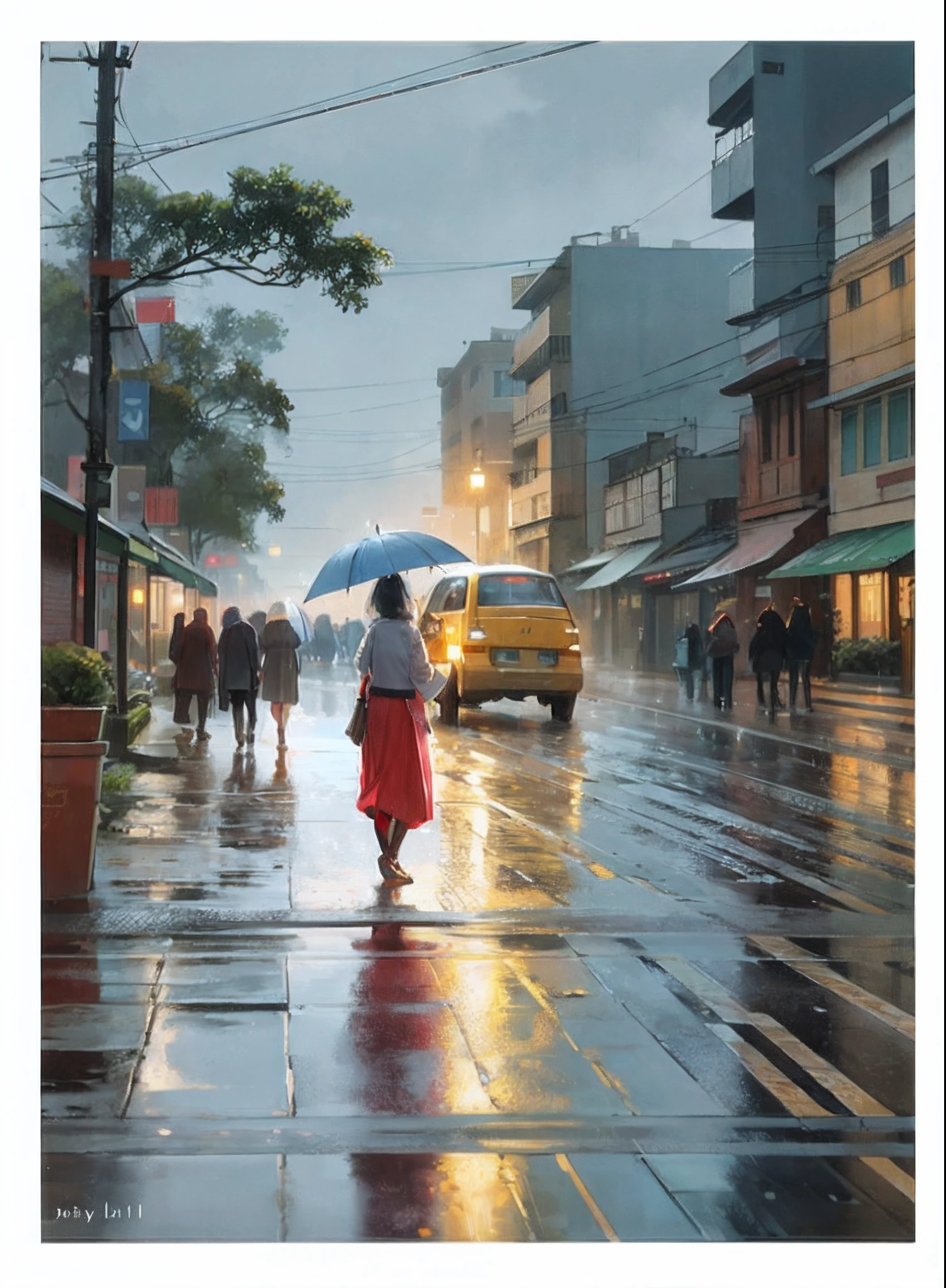 there is a woman walking down the street with an umbrella, rainy evening, by John La Gatta, inspired by Evgeny Lushpin, in the rain in the early evening, rainy afternoon, after the rain, under rain, at evening during rain, by Ni Yuanlu, rainy street, just after rain, in city street, day after raining