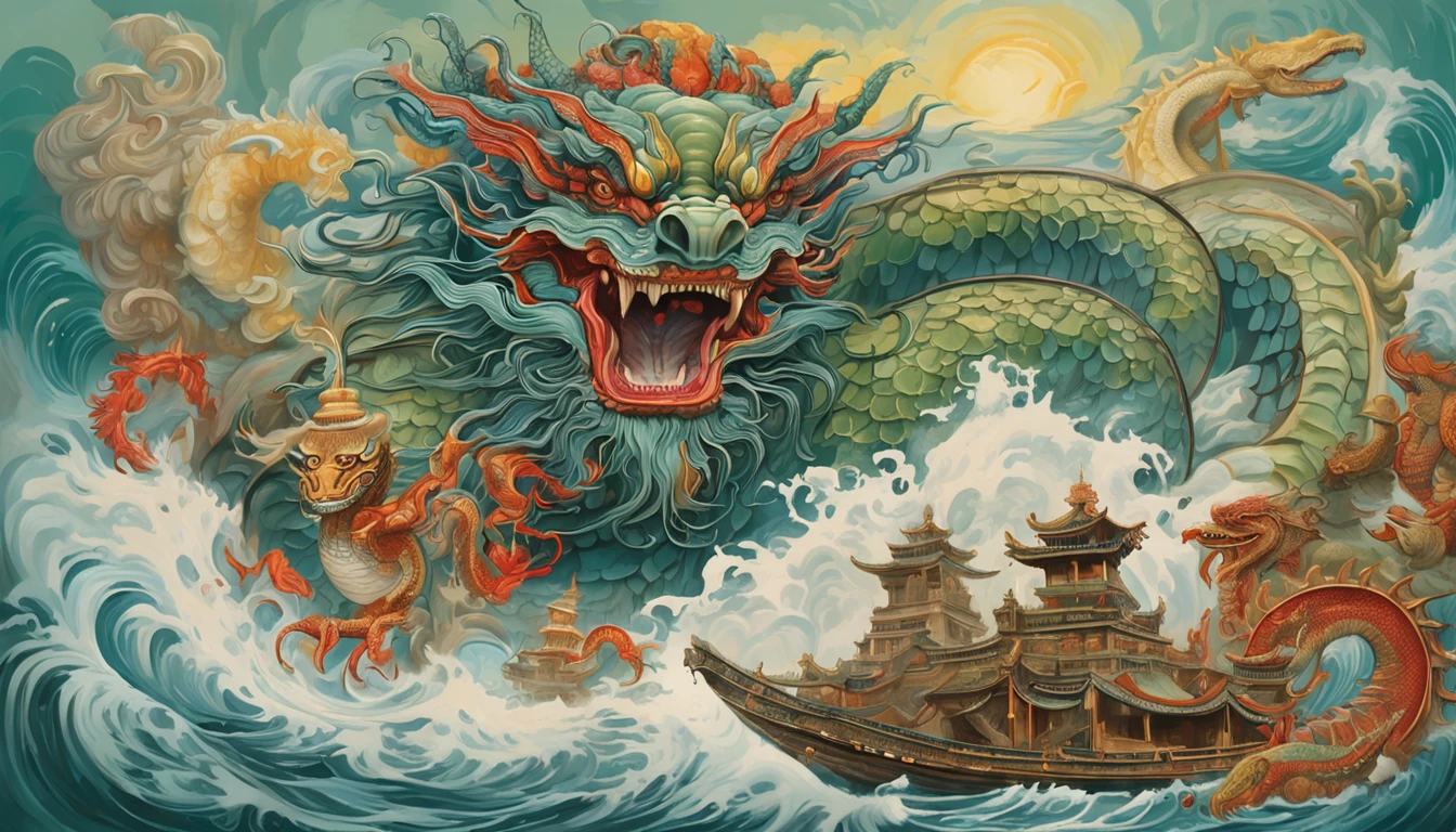 Vickers style, The graphics in the poster design are ocean colors, Chinese dragon turtle in ink painting, and a combination of dragons, As a water god, Living in the North Sea, Control thunderstorms at sea, an ancient Chinese god, turtle, drak, Mare, stony, Super sharp,Realistic details,Auspicious clouds, depth of fields, God Ray, fantasy coloring, romanticism lain, art-deco, Cinematic lighting, Depth of field, Sparkle, god light, Ray tracing, Ultra-wide angle, first person perspective, Wide shot, hyper HD, High quality, High details, Textured skin, Best quality