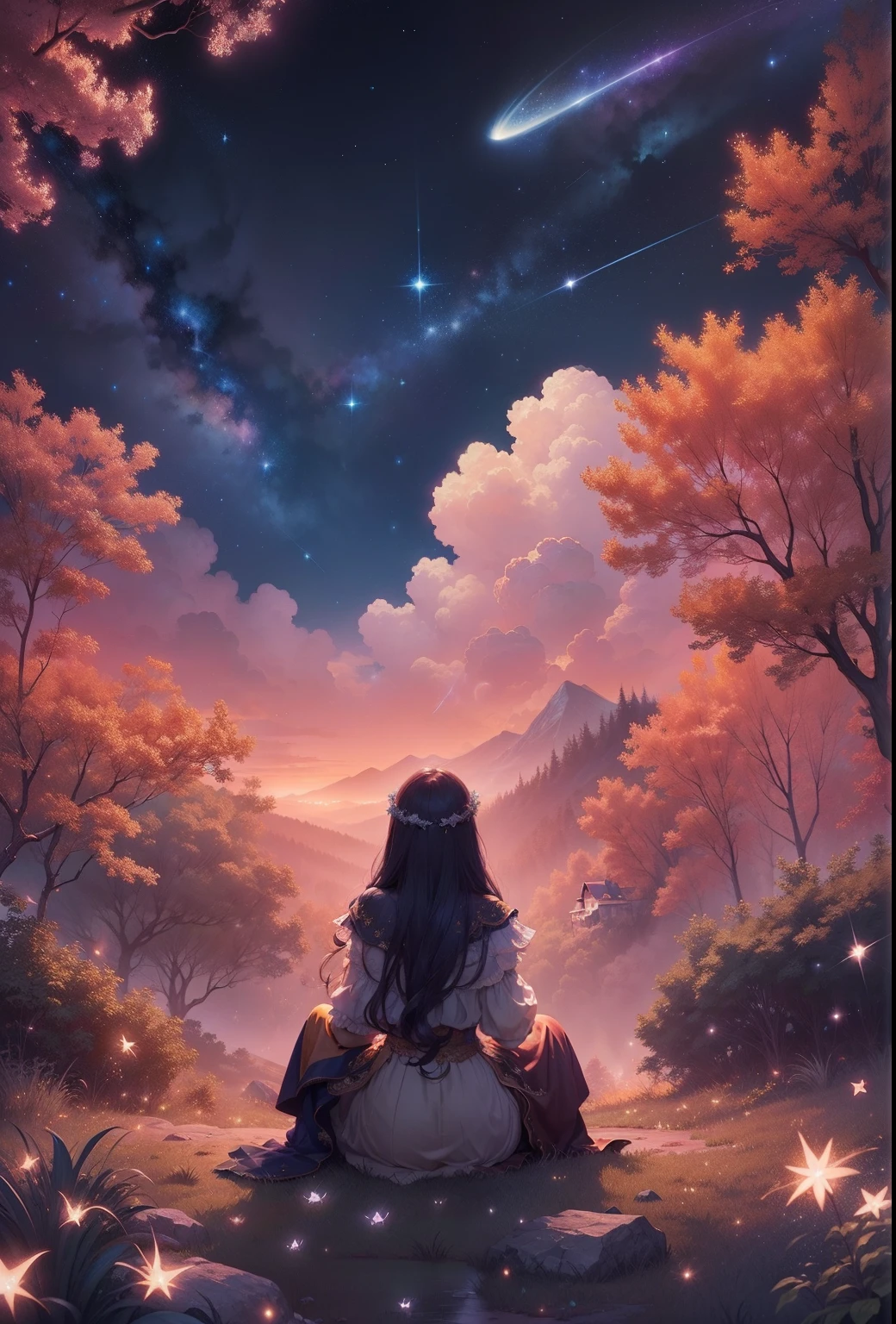Masterpiece、top-quality、Top image quality、The 8k quality、、Beautiful starry sky illustration、Two beautiful shooting stars、Fantastical、Lots of fireflies、
