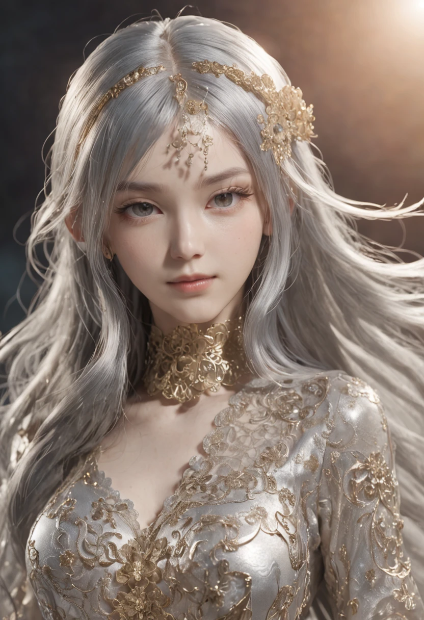 masutepiece, Best Quality, Best Quality, amazing, Beautiful detailed eyes,((1girl in)), Finely detailed, depth of fields, the Extremely Detailed CG Unity 8K Wallpapers, Full body,(Other Minato Aqua), (((Girl is wearing silver texture clothes))),((Very gorgeous metal style))、((((Various metal backgrounds)))),Sputtered molten iron,(Floating hair),((Hair like molten metal)),(((Detailed face))), (((Detailed eyes))),(((silver Clothes))),(((Gold lace clothing))),((Full body)),((((Flowing gold and silver)))),(((((Everything flows and melts))))),(((((Flowing iron))))),(((((Flowing silver))))),((((lace flowing and melt))))