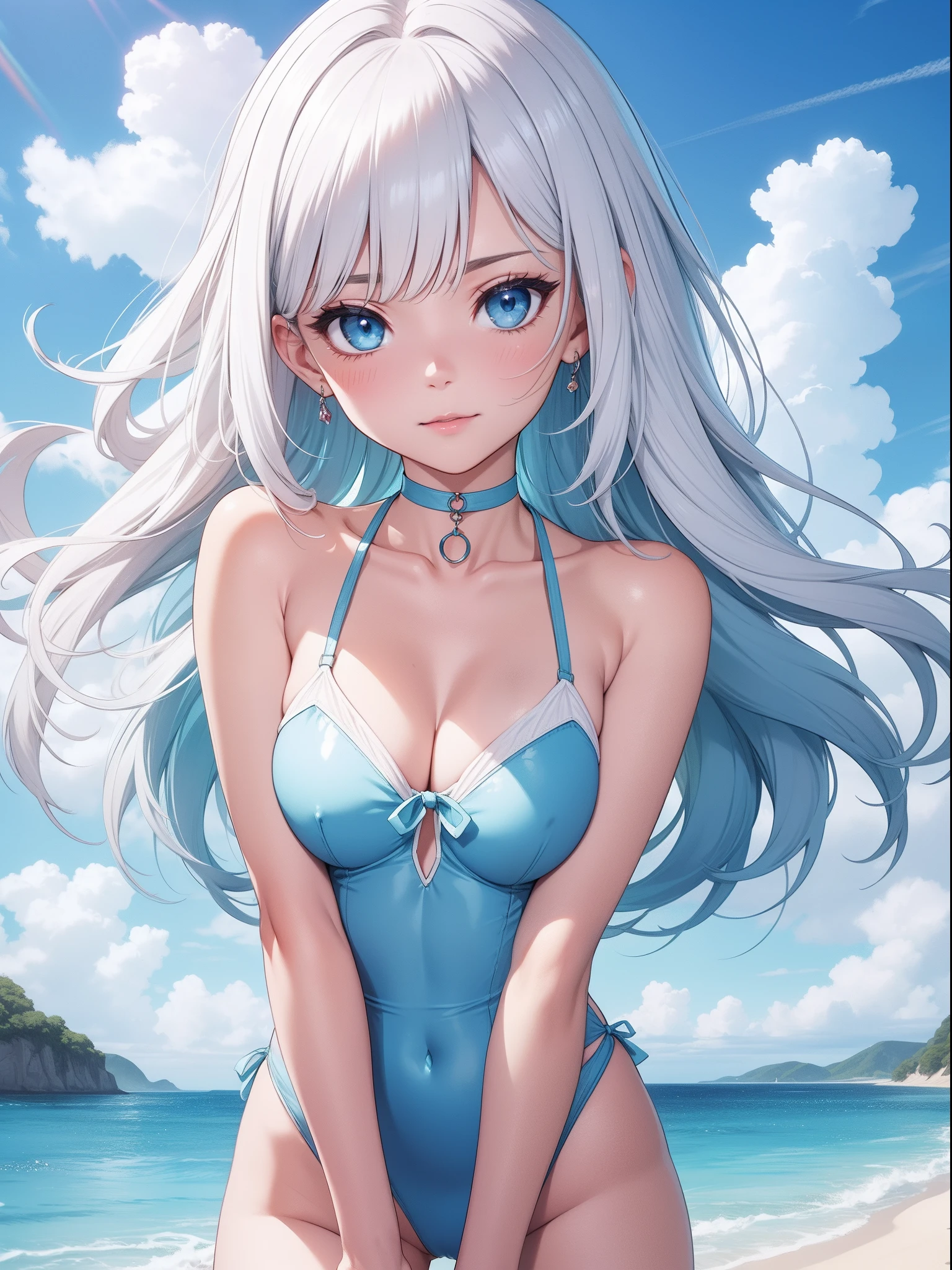 Official art、Top quality ultra-detailed CG art、a beauty girl:1.2)、White hair、Glossy hair、smooth hair、large blue eyes,Mid summer、kawaii、The sky is beautiful、Cute、bob cuts、Pink choker、Light blue swimsuit、ssmile、