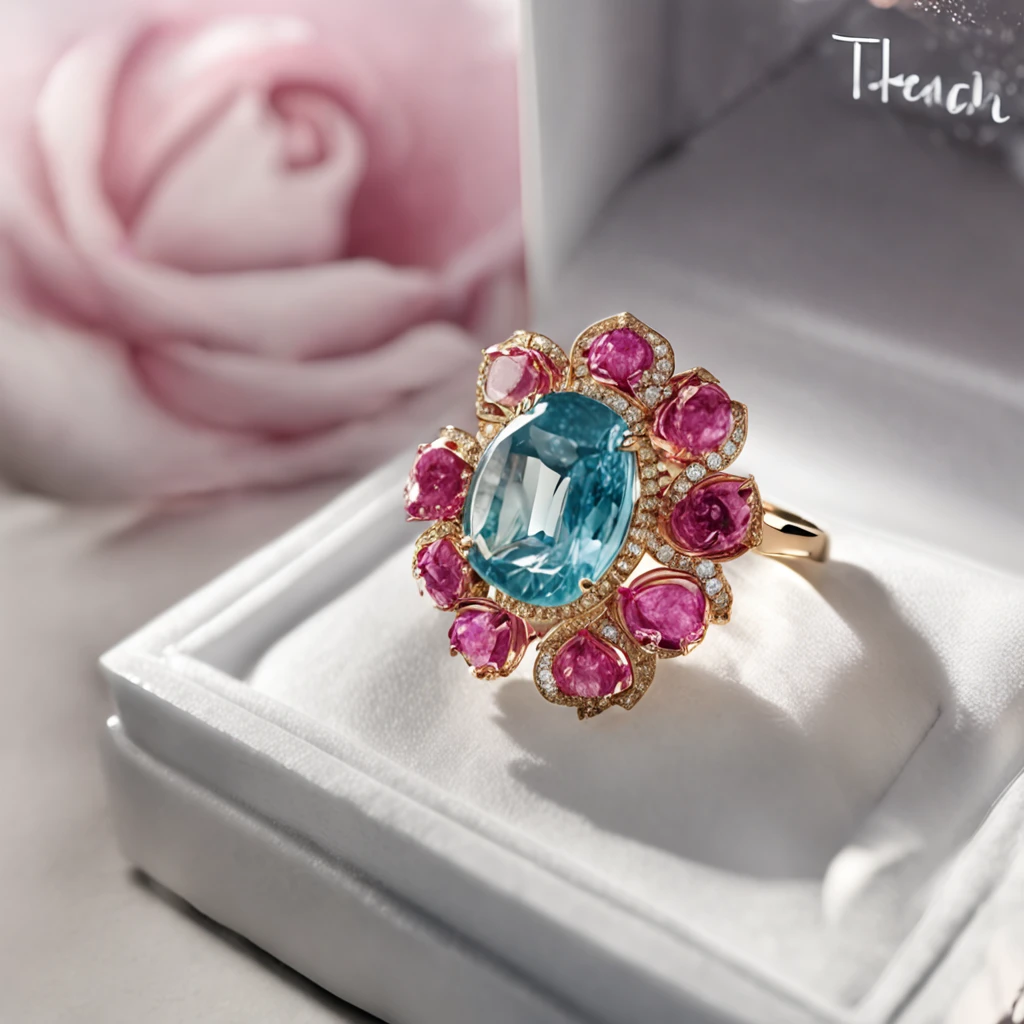 a jewellery design,product showcase,light and shadow effect,Spotlights, Peony theme ring,13 carat diamonds,Owns luxury gemstones,luxury goods,looks
flash,product-view,tiffany style,The trend is in
Art Station,. Canon EOS R6.Ultra detail,4K,soft
illuminating,fanciful,Fashion,illusory engine:1.5,Peony background:1.2