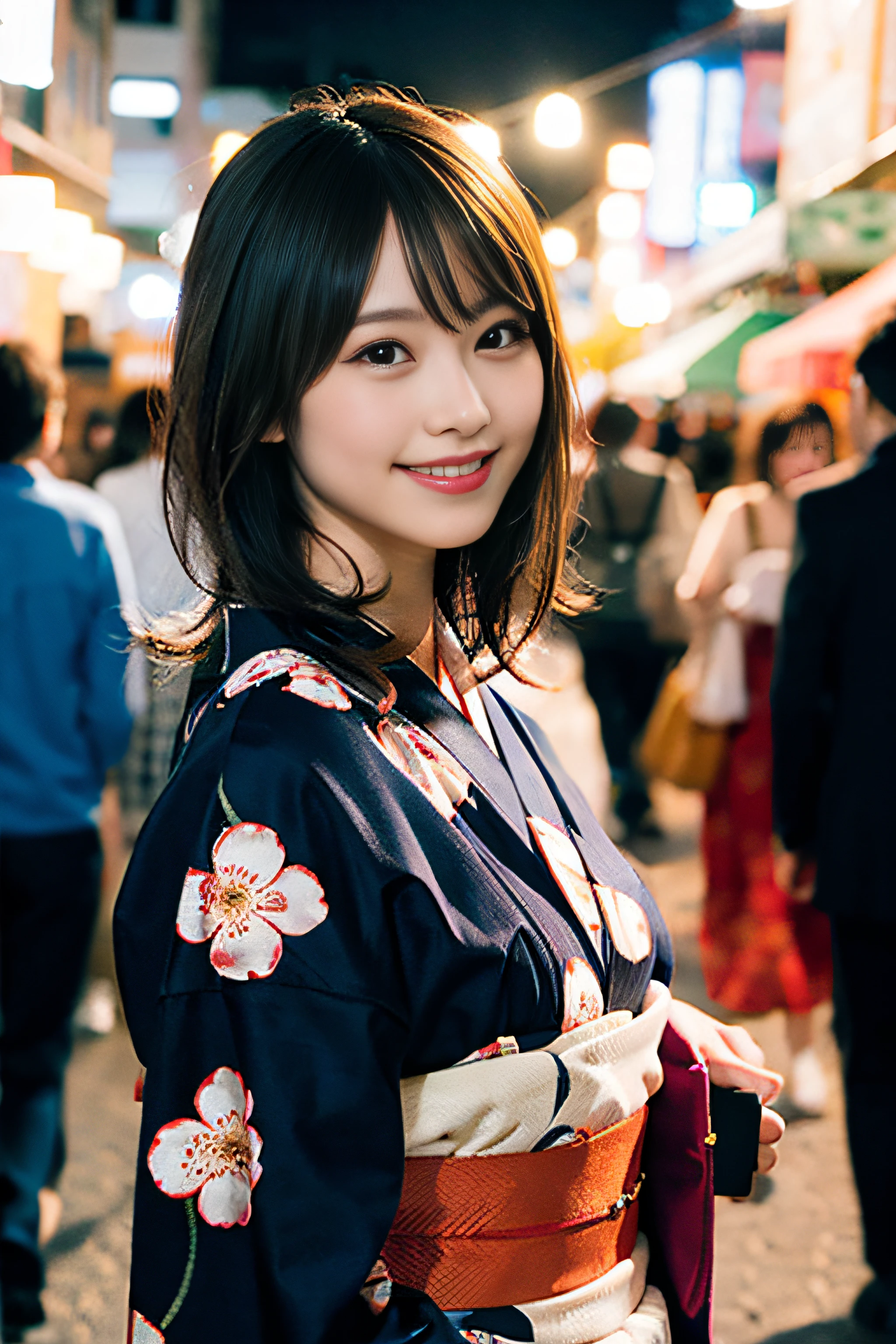 (8K、Raw photography、top-quality、masterpiece:1.2)、(realisitic、Photorealsitic:1.37)、ultra-detailliert、超A high resolution、女の子1人、see the beholder、beautifull detailed face、A smile、Constriction、(Slim waist) :1.3)、Beautiful detailed skin、Skin Texture、Floating hair、Professional Lighting、Whole human body、Longhaire、a blond、Japan floral yukata、matsuri、In the street、sparklers、Bob Hair、Summer Festivals、food stand、Happy smile