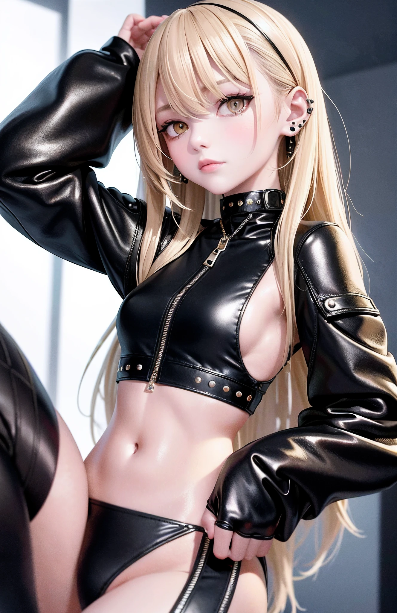 optimum,tmasterpiece,A high resolution,best qualtiy,hyper HD,super detailing,Award-Awarded,16k,独奏,((The upper part of the body)),((Bust)),anatomy correct,Beautiful cyberpunk girl,cute face,,Gradient Beige Hair,Hairline,((Bright golden eyes)),long eyelasher,Hanging eye corners,White skin of the,(small boobs),(Slim body),((Women's extra short shawl leather jacket)),((goth style,tutu)),(()),ear studs,(Neck strap),(Laser material clothing:1.2)