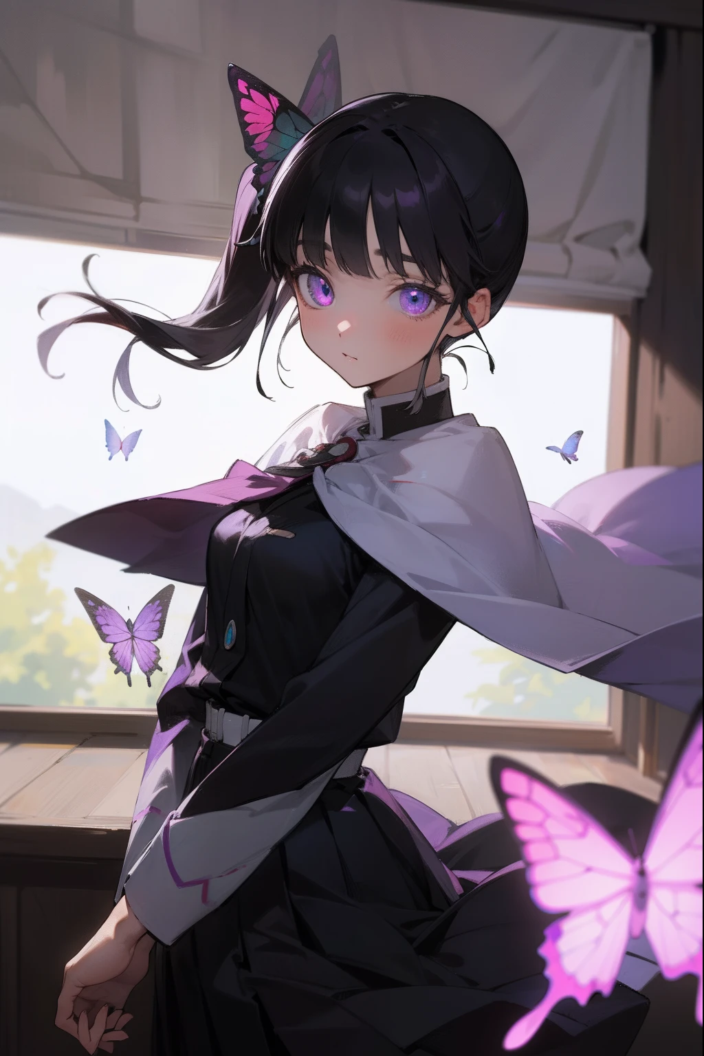 kanaotsuyuri, kanao tsuyuri, black hair, butterfly, butterfly hair ornament, (purple eyes:1.1), side ponytail, ponytail, 
BREAK black skirt, cape, demon slayer uniform, long sleeves, pleated skirt, skirt, white cape,
BREAK looking at viewer,
BREAK indoors, classroom,
BREAK (masterpiece:1.2), best quality, high resolution, unity 8k wallpaper, (illustration:0.8), (beautiful detailed eyes:1.6), extremely detailed face, perfect lighting, extremely detailed CG, (perfect hands, perfect anatomy),