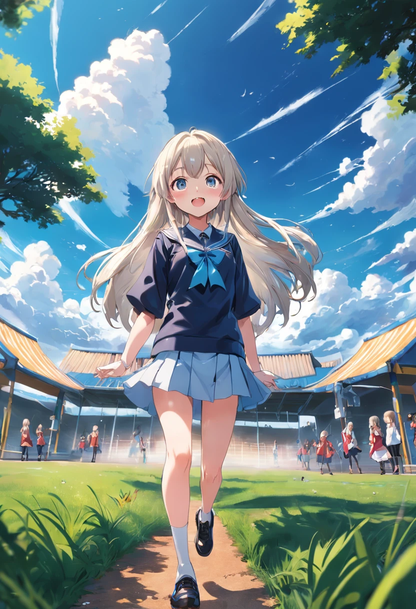 playground、with blue sky and white clouds、Long hair and big eyes、Short skirt for school uniform、big laughter、Green grass