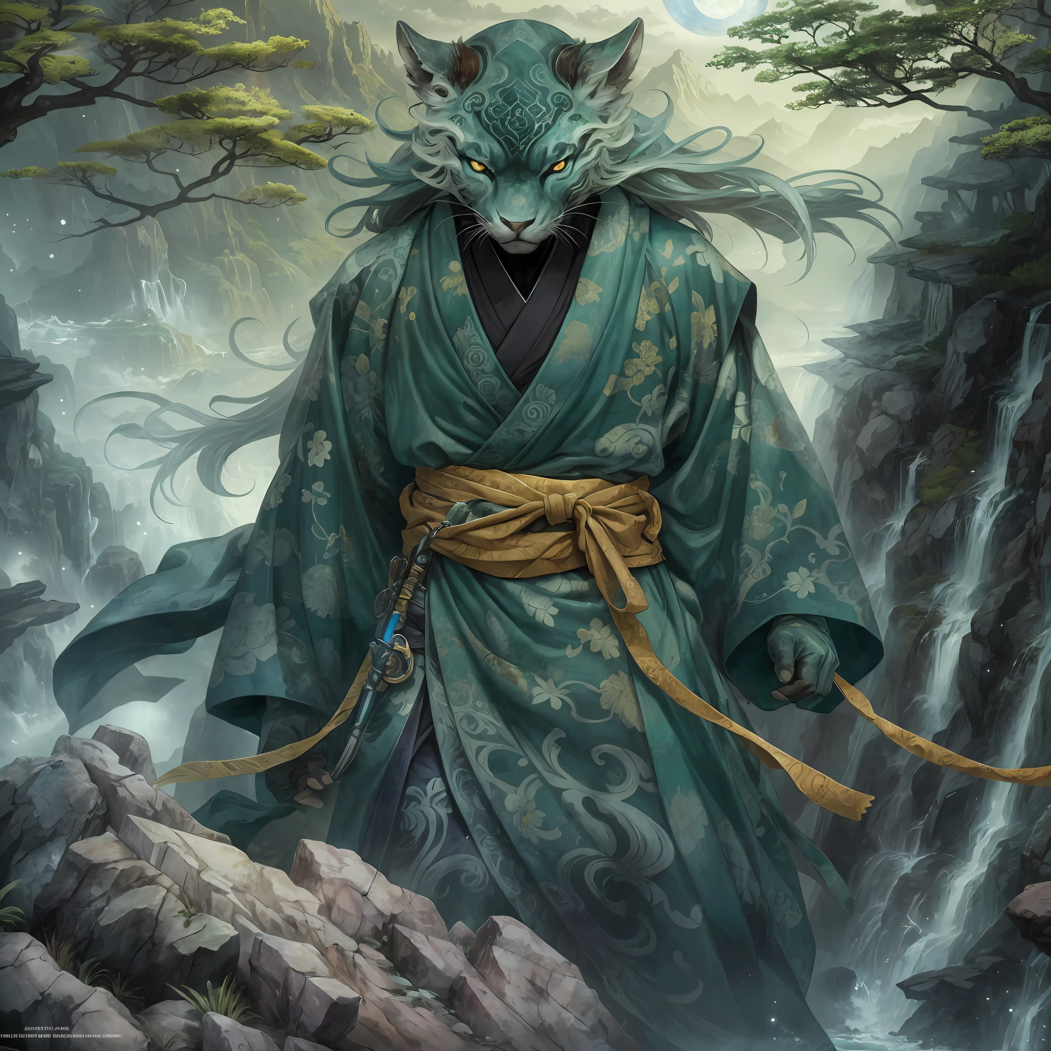 mystic ninja，Detailed face，Detailed eyes，Clear eyes，Gui Zen，Exotic beasts of mountains and seas，Dark green and black details, Loose and thick clothing covers the body，standing on cliff，Bask in the luxury of Yoshitaka Amano in the moonlight，fanciful，sci-fy，the complex background（full bodyesbian），((dynamicposes))，Colorful wallpapers，Highly detailed，Masterpiece，best qualtiy，art  stations