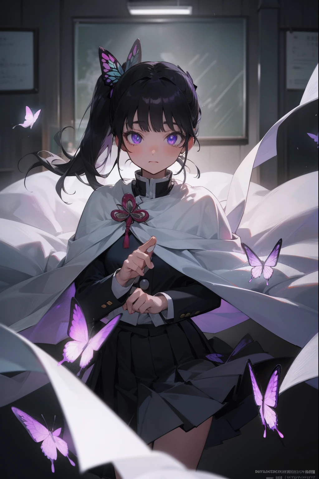 kanaotsuyuri, kanao tsuyuri, black hair, butterfly, butterfly hair ornament, (purple eyes:1.1), side ponytail, ponytail,
BREAK black skirt, cape, demon slayer uniform, long sleeves, pleated skirt, skirt, white cape,
BREAK looking at viewer,
BREAK indoors, classroom,
BREAK (masterpiece:1.2), best quality, high resolution, unity 8k wallpaper, (illustration:0.8), (beautiful detailed eyes:1.6), extremely detailed face, perfect lighting, extremely detailed CG, (perfect hands, perfect anatomy),