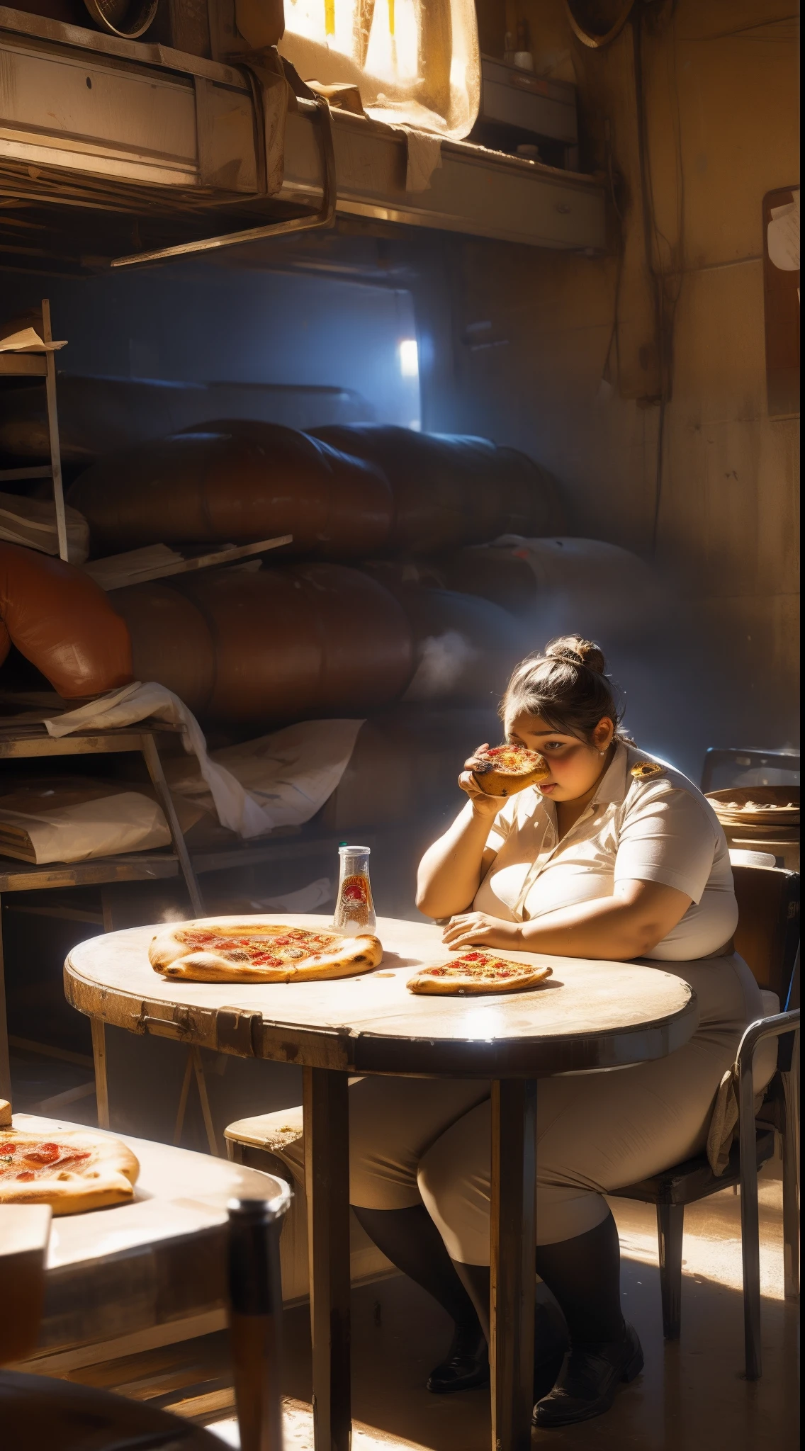 1 fat woman sitting in chair eating pizzas and another hand cola cool drink, mess room full of dust, papers