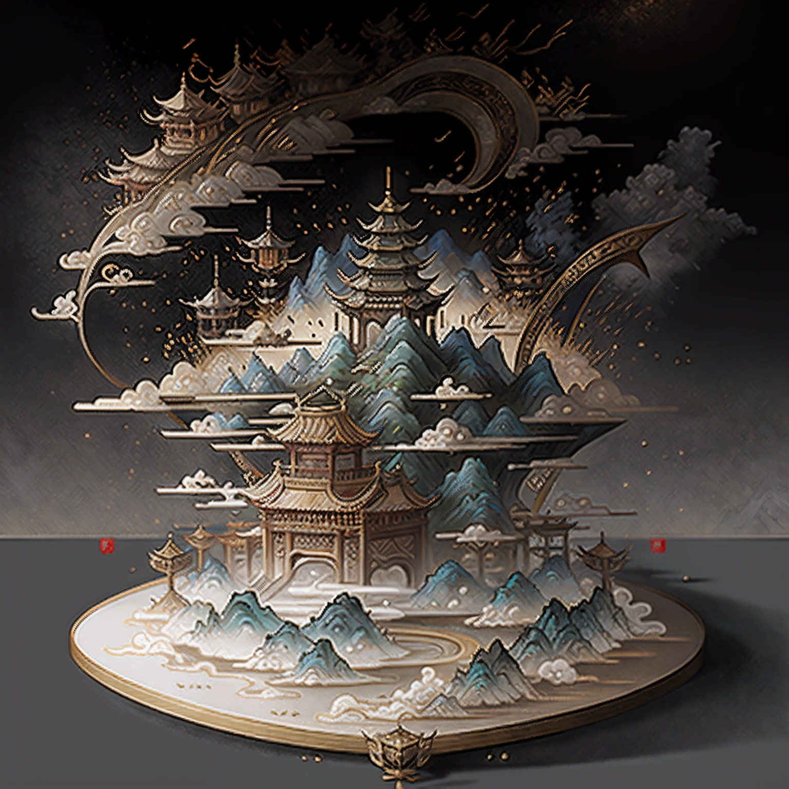 An ancient Chinese painting， Ancient Chinese background， mountain ranges，  Auspicious clouds， Pavilions， rays of sunshine， tmasterpiece， super detailing， Epic composition， hyper HD， high qulity， extremely detaile， offcial art， 统一 8k 壁纸， super detailing