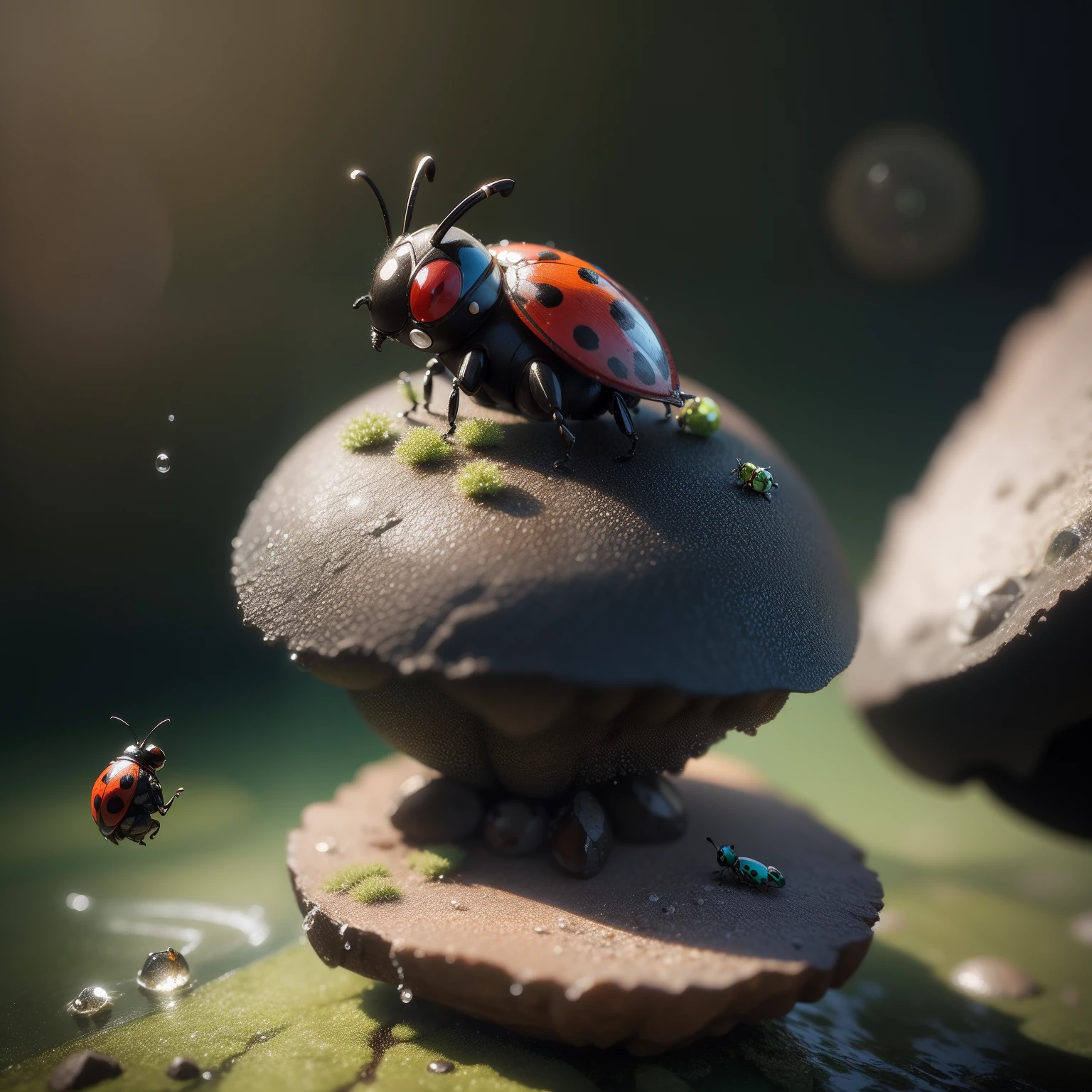 araffe ladybug with a man standing on a rock with water droplets, on a mini world, miniature photography, diorama macro photography, macro photography 8k, miniature photography closeup, photo manipulation, macro perspective, inspired by Chris LaBrooy, highly realistic photo, extremely detailed photography, macro art, creative photo manipulation, macro photography, photobashing