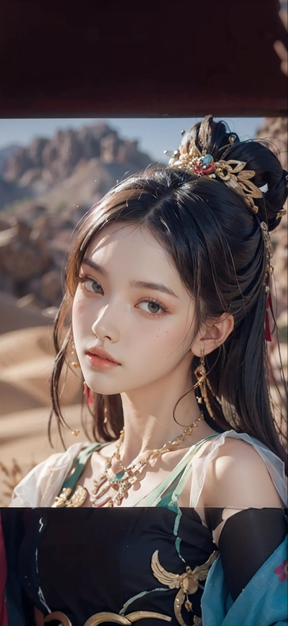 (Masterpiece: 1.3), best quality, high resolution, a tall and beautiful woman with dense textured skin, fine double eyelids and bright eyes, dark brown wavy hair, dunhuang_dress, dunhuang_clothes, around a belt, wearing a necklace, (desert dunes as a background), presenting beautiful facial details and skin texture.