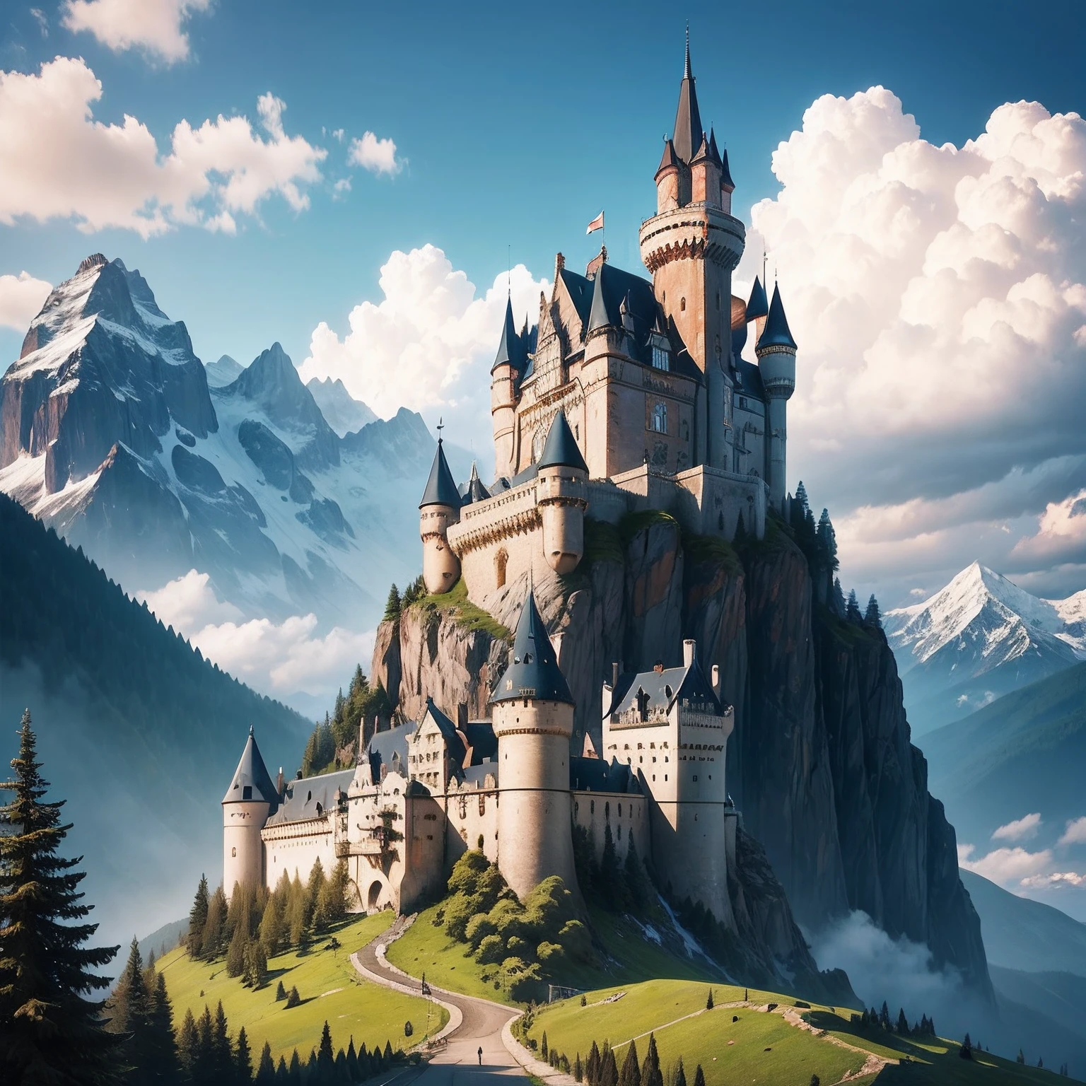 A majestic mountain range with an old huge castle perched on top, beautiful scenery, clouds and sky, colorful, printable --auto