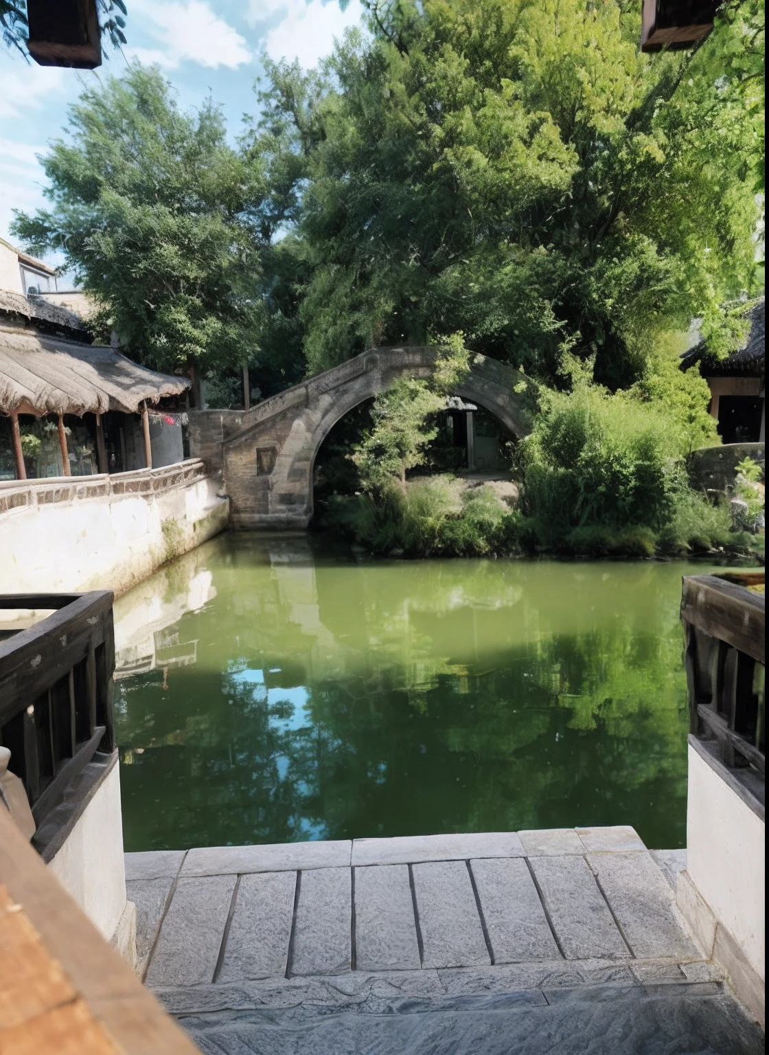 There was a man sitting on a bench by the water, zhouzhuang ancient town, dreamy Chinese towns, Chinese village, author：Li Zai, Tang Dynasty Palace, with a fishpond and courtyard, stunning sight, stunning  visuals, at the waterside, Chinese style, qiangshu, author：Ann Text, ancient city streets behind her