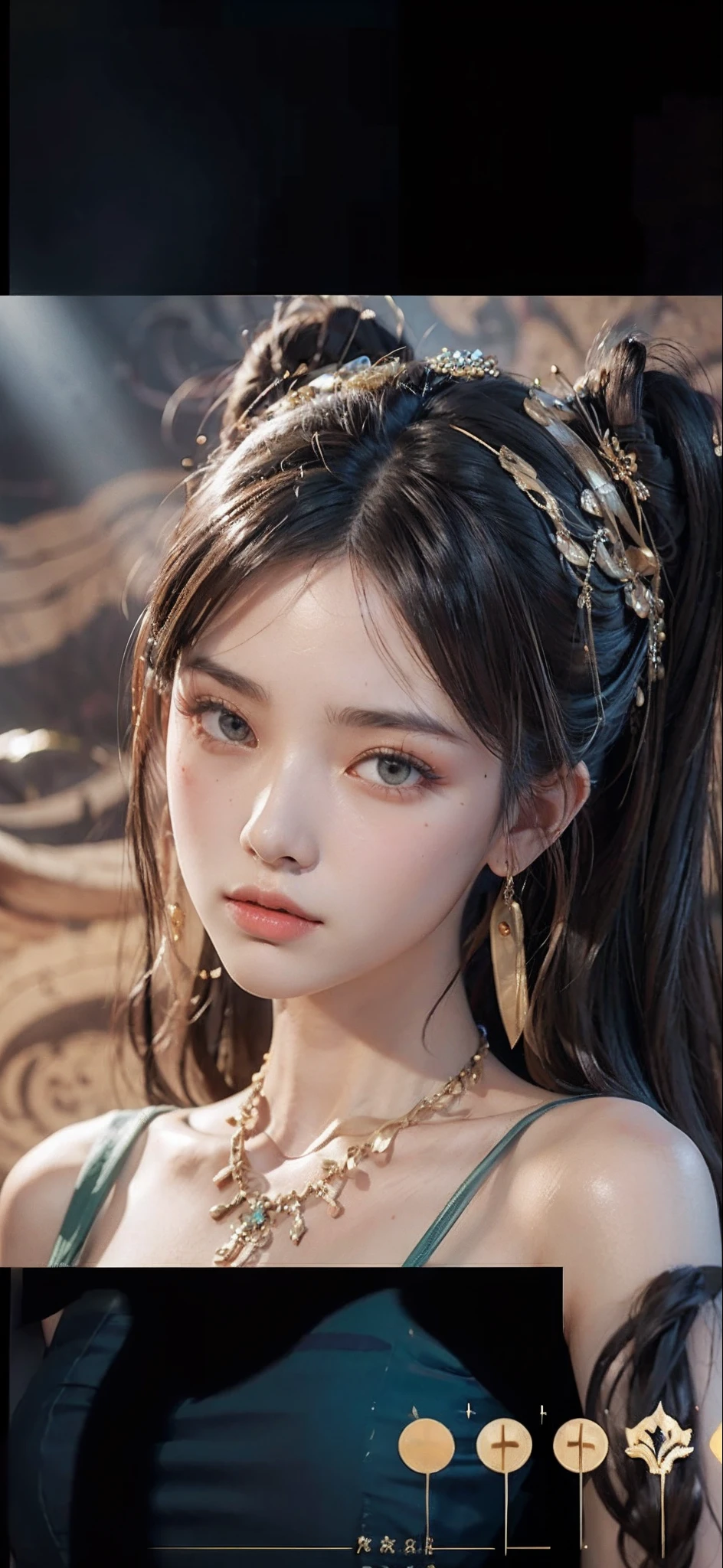 (Masterpiece: 1.3), best quality, high resolution, a tall and beautiful woman with dense textured skin, fine double eyelids and bright eyes, dark brown wavy hair, dunhuang_dress, dunhuang_clothes, around a belt, wearing a necklace, (desert dunes as a background), presenting beautiful facial details and skin texture.