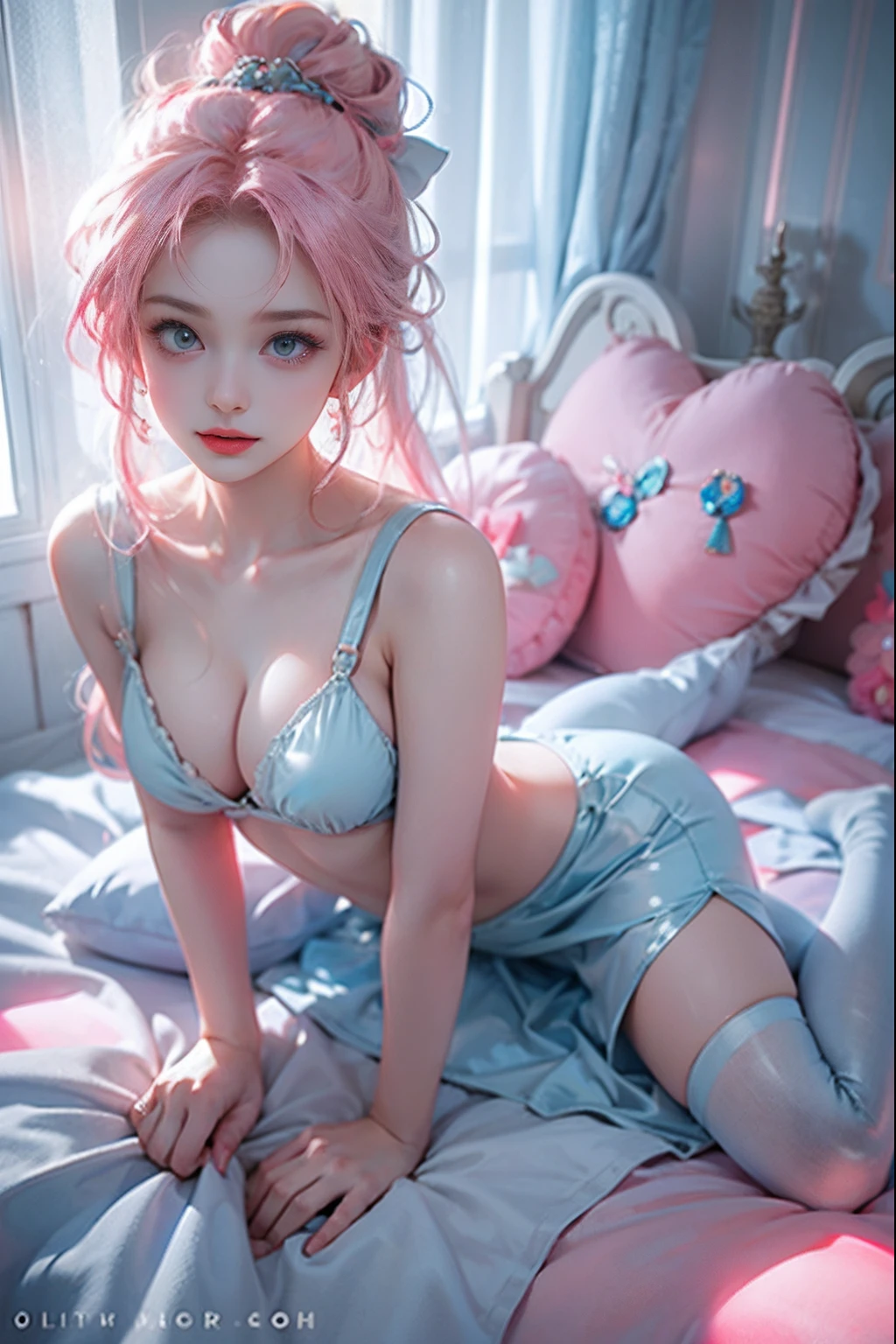 Light blue and pink color scheme,Sexy girl ,tiny body,Giant,
