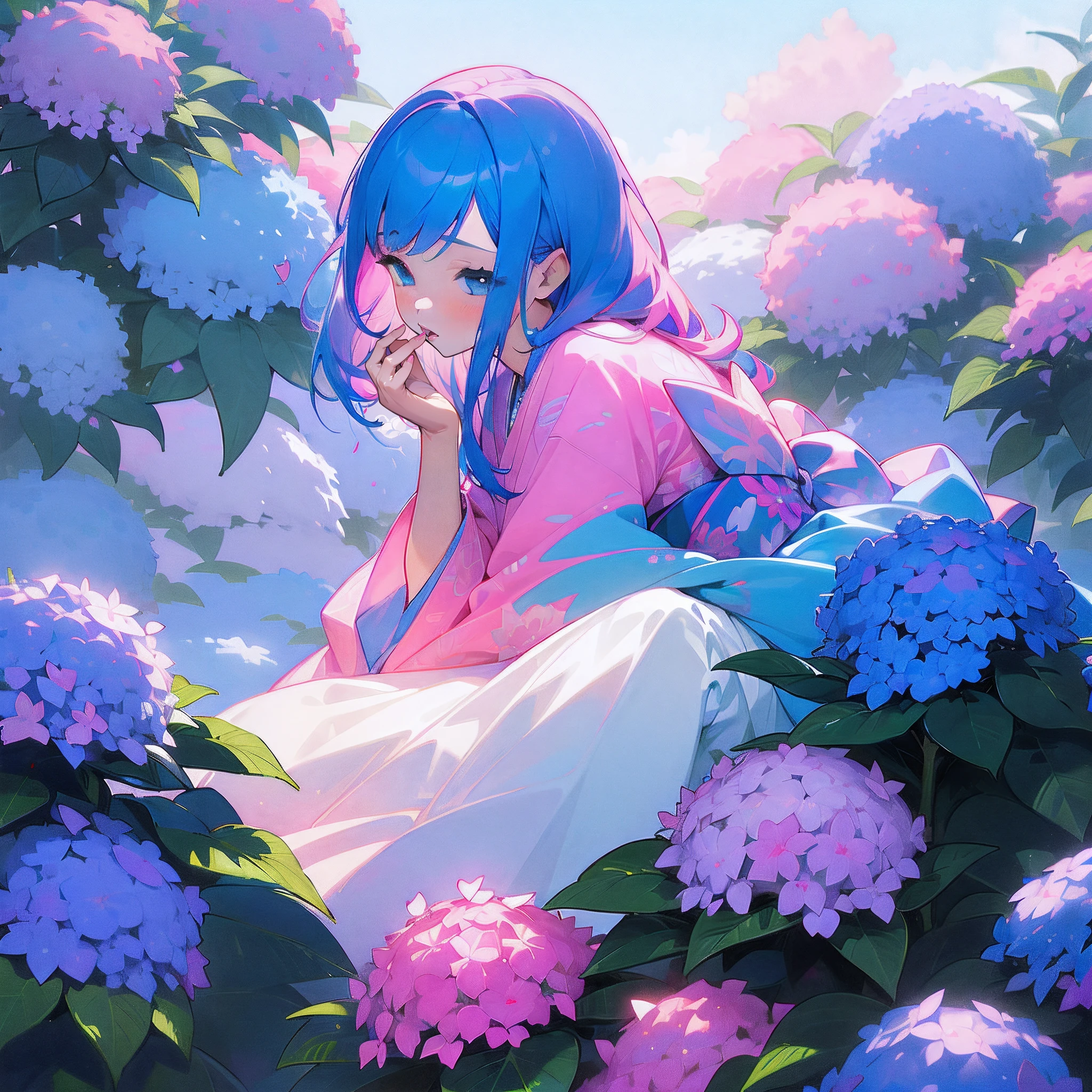 (Beautifully Aesthetic:1.2)、(1girl in:1.3)、(Blue and pink colorful hair:1.2)、Wearing a colorful kimono in blue and pink、hortensia、Hydrangea flowers、colourfull、Sateen、rainbows、Mystical、Beautiful Landscapes、Top image quality、